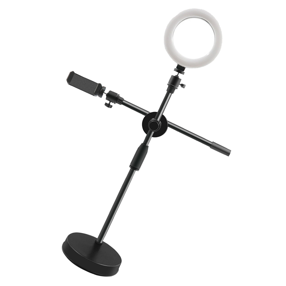 Schwarzes Ringlicht mit Telefonhalter. Der Ständer ist schwarz mit rundem Sockel.