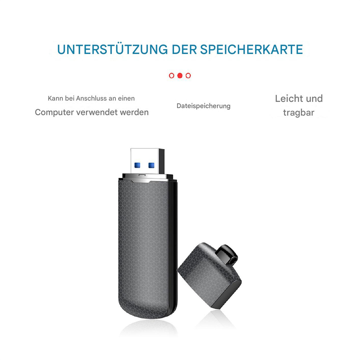 Ein schwarzer USB-Stick mit einer Kappe daneben. Text auf Deutsch über Speicherkartenunterstützung.