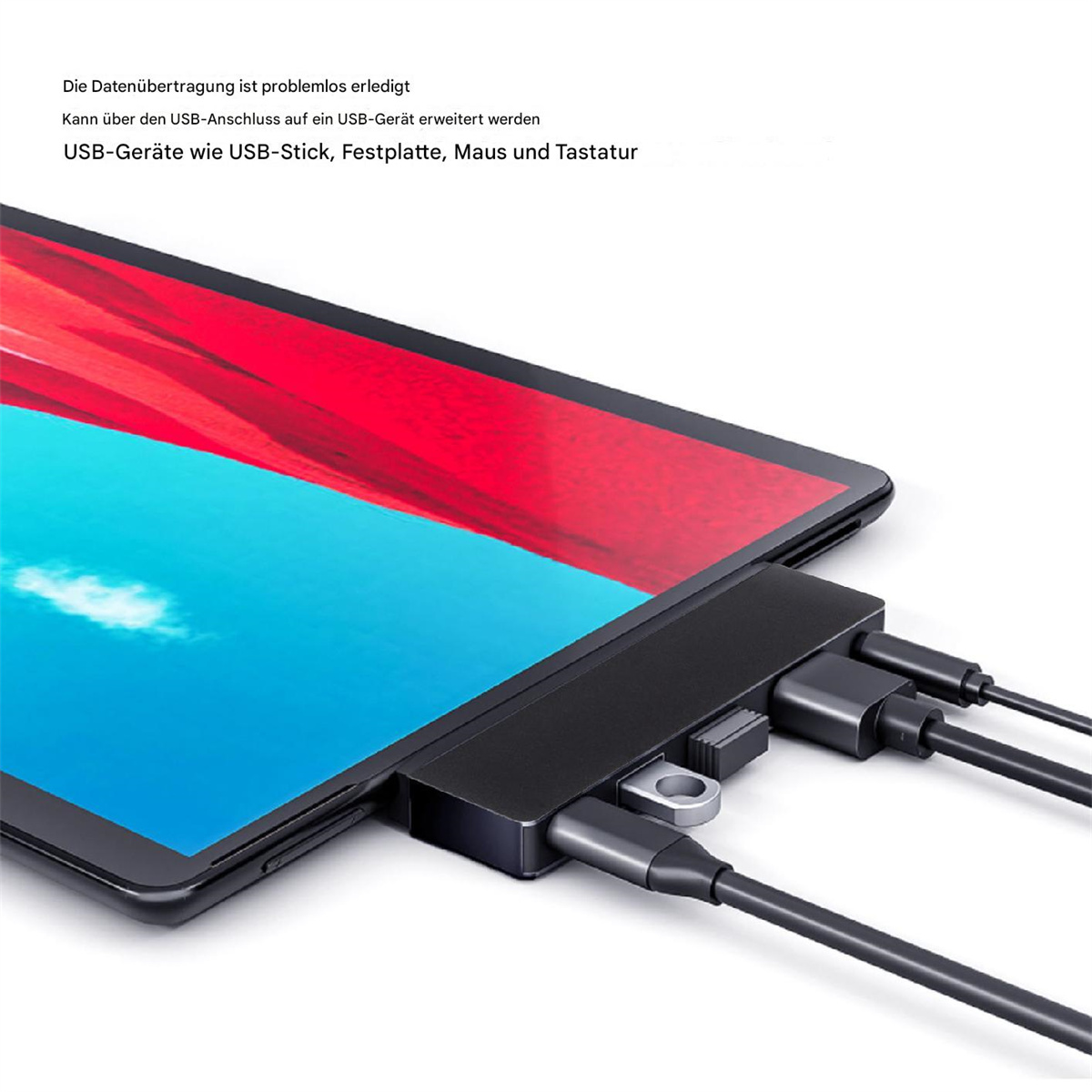 Ein schwarzer USB-Hub, der mit einem Tablet verbunden ist. Mehrere USB-Kabel sind eingesteckt. Der Hintergrund ist farbenfroh.
