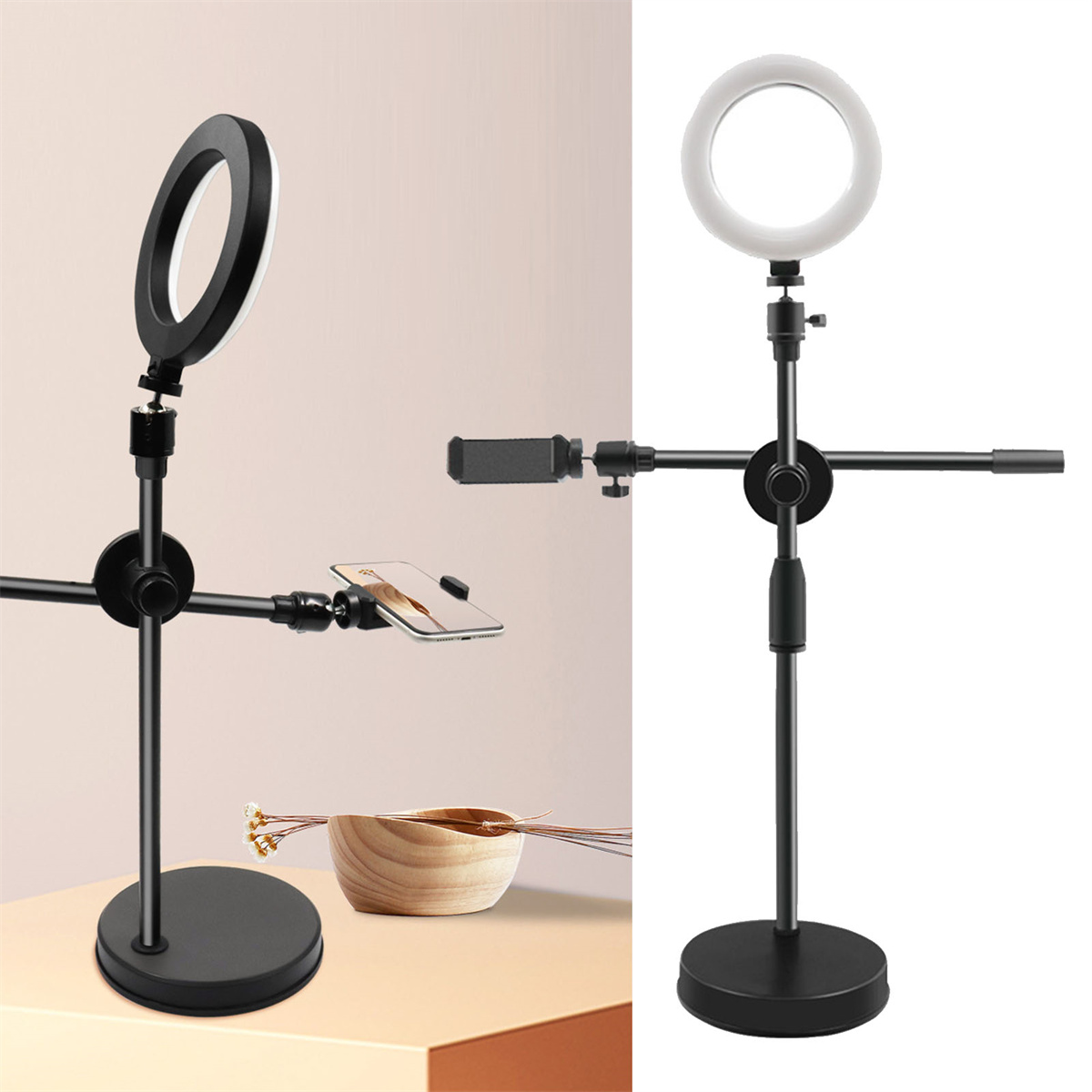 Zwei Aufbauten eines schwarzen Ringlichts mit einer Telefonhalterung. Eines mit Tisch und Schüssel, das andere mit weißem Hintergrund.