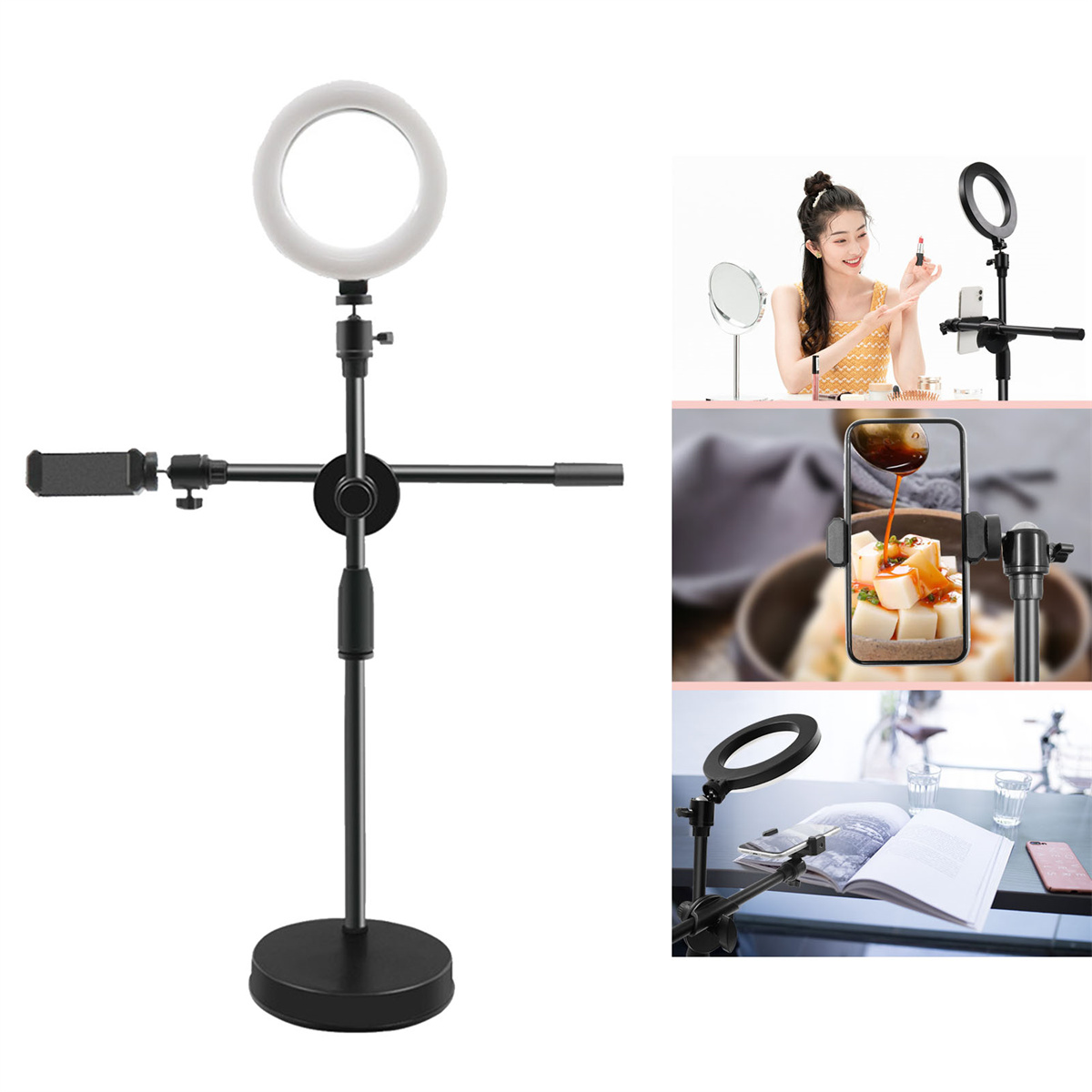 Ein Ringlicht-Setup für die Erstellung von Inhalten. Enthält eine Telefonhalterung, und die Verwendung des Ringlichts wird gezeigt.