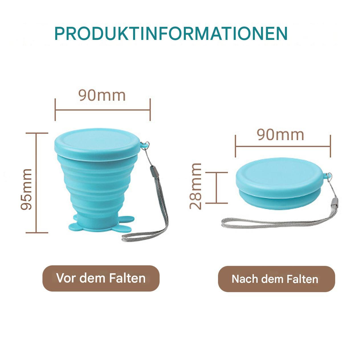 Blauer, zusammenklappbarer Becher, sowohl gefaltet als auch ungefaltet, mit Abmessungen.