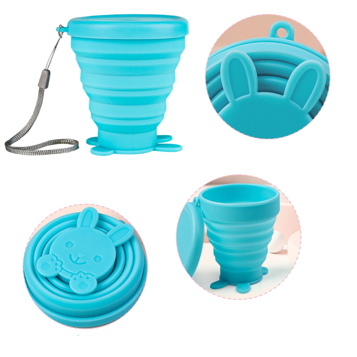 Ein zusammenklappbarer blauer Becher mit Hasenmuster. Details sind der Deckel und die Faltstruktur.