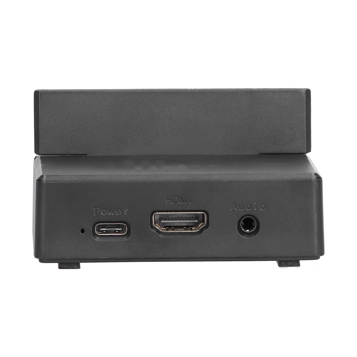Ein schwarzes Gerät mit Anschlüssen, beschriftet mit Power, HDMI und Audio, vor weißem Hintergrund.