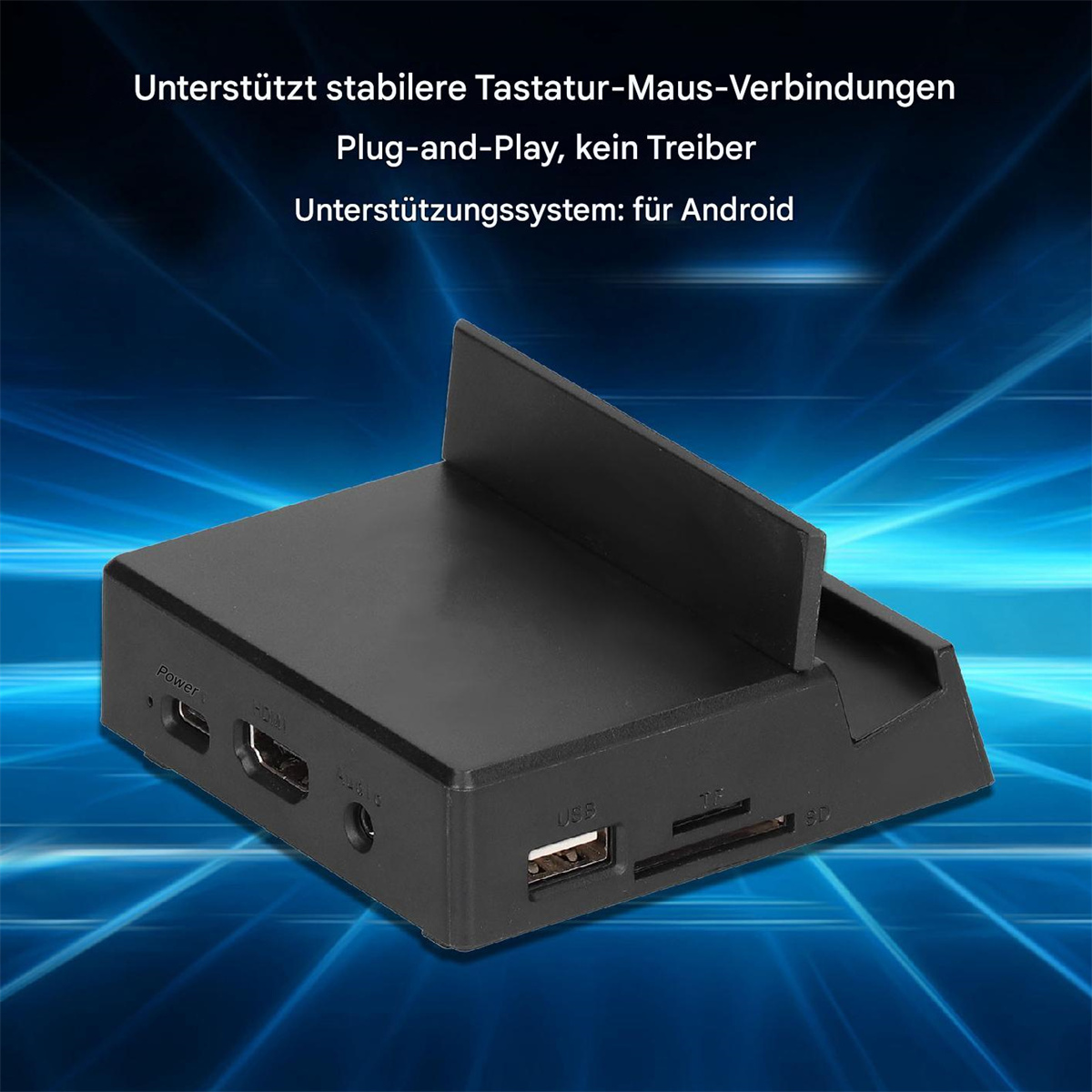 Schwarzes Gerät mit Anschlüssen, einem USB-Steckplatz und einem Ständer. Auf blauem Untergrund mit Text.