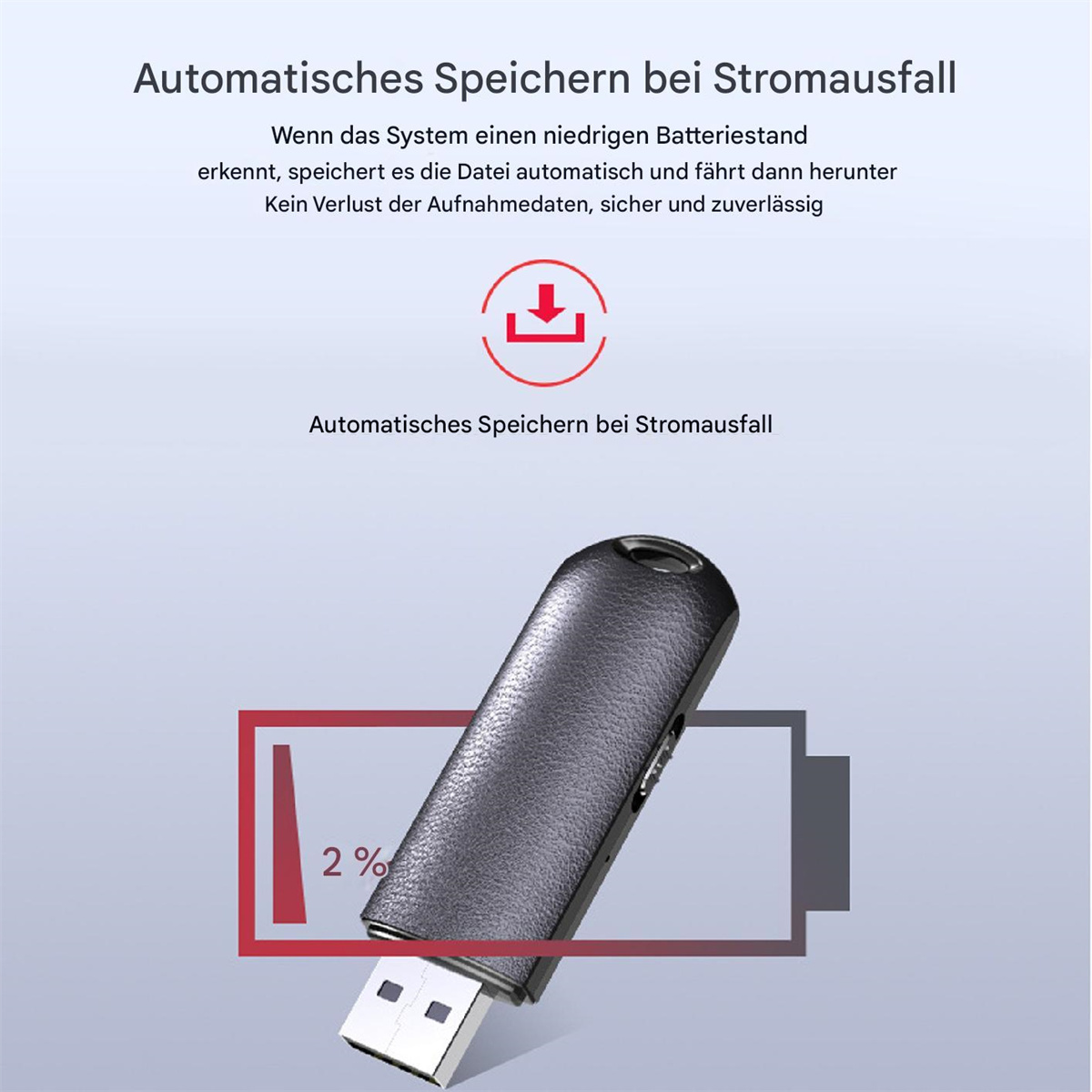 Ein schwarzer USB-Stick mit einer Anzeige für niedrigen Batteriestand und Text zum automatischen Speichern.