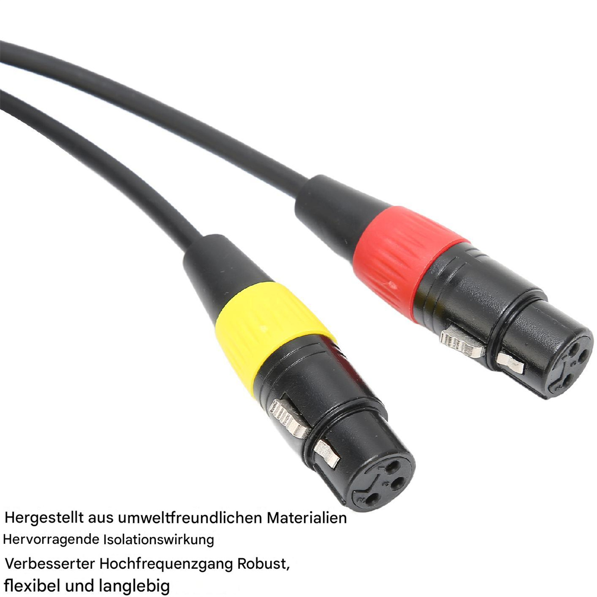 Zwei schwarze Audiokabel mit gelben und roten Steckern, die Hochfrequenz und umweltfreundliches Material zeigen.