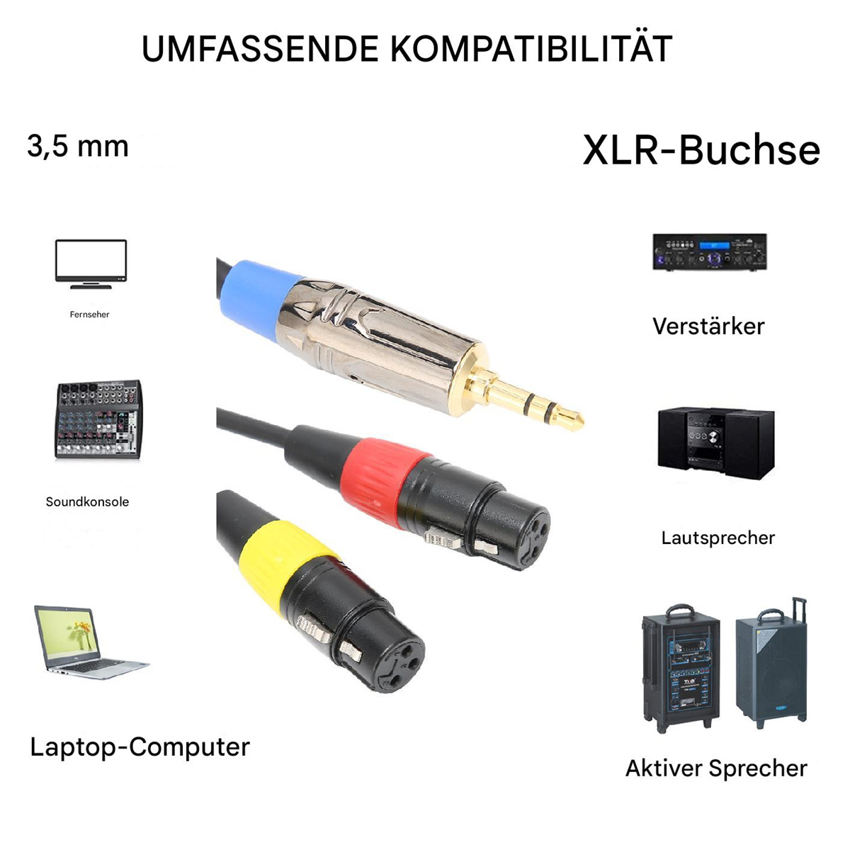 Mehrere Audiokabel und -anschlüsse neben einem Mischpult, Laptop und Lautsprechern. Text auf Deutsch.