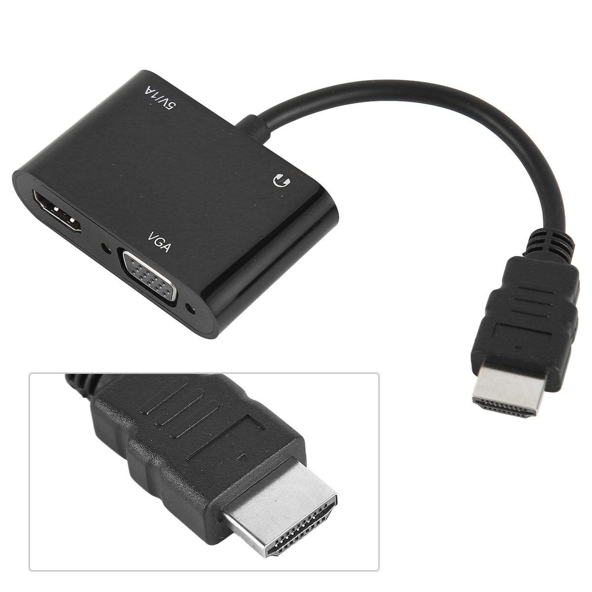 Schwarzer HDMI/VGA-Adapter mit zwei Anschlüssen. Ein Kabel hat einen HDMI-Anschluss.