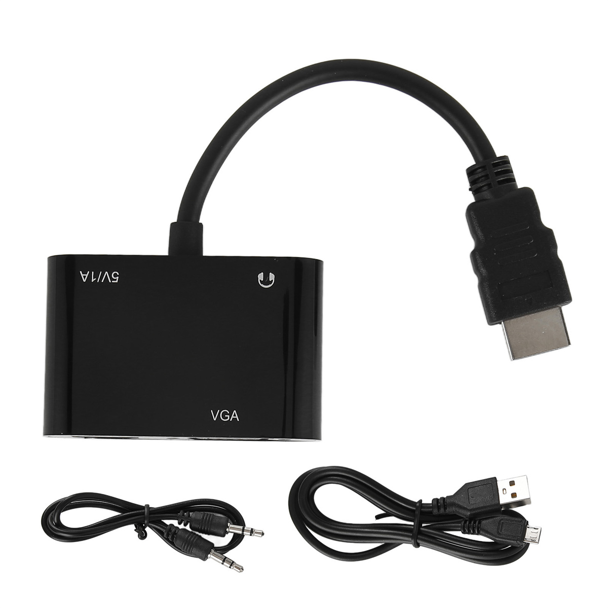 Schwarzer VGA-zu-HDMI-Adapter mit Kabeln.