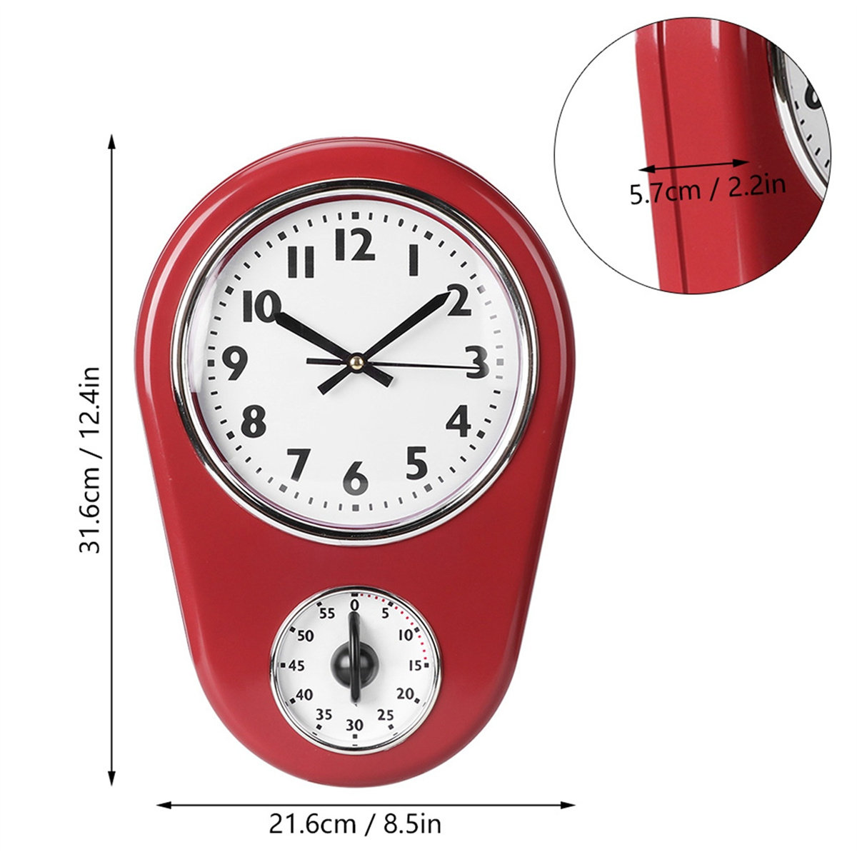 Eine rote Retro-Uhr mit rundem Zifferblatt und Timer darunter. Abmessungen sind auf dem Bild gezeigt.