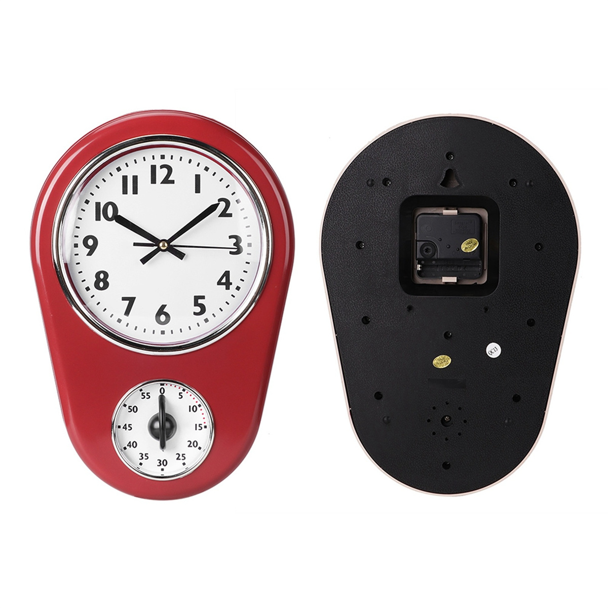Eine rote Retro-Uhr mit Timer. Die Rückseite der Uhr zeigt den Uhrmechanismus.
