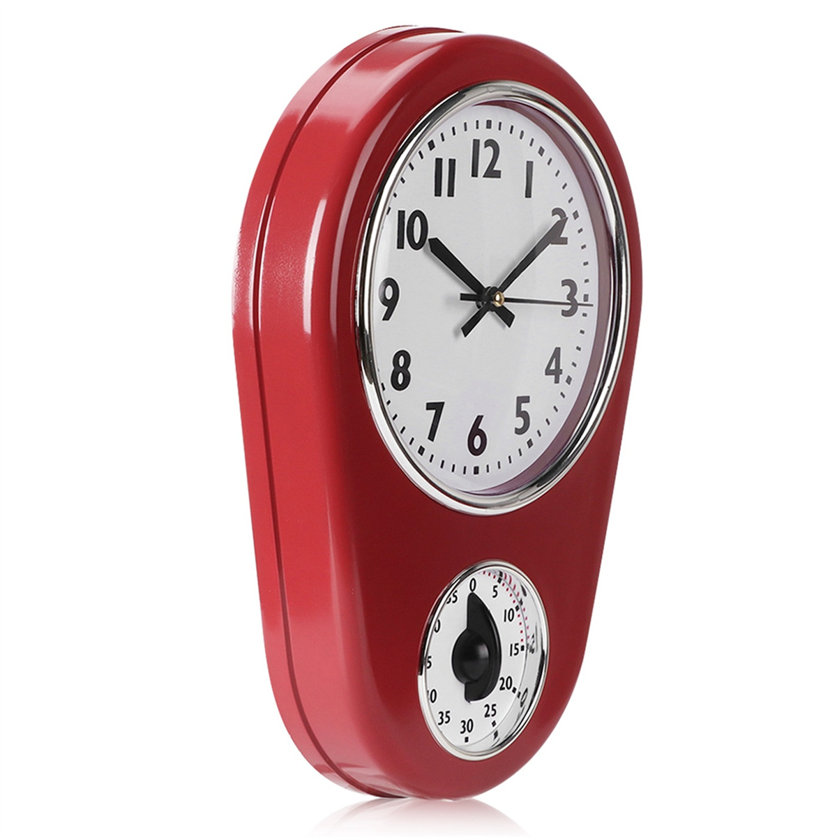 Eine rote Retro-Küchenuhr mit weißem Zifferblatt und einem Timer-Zifferblatt darunter, eingestellt auf 15 Minuten.
