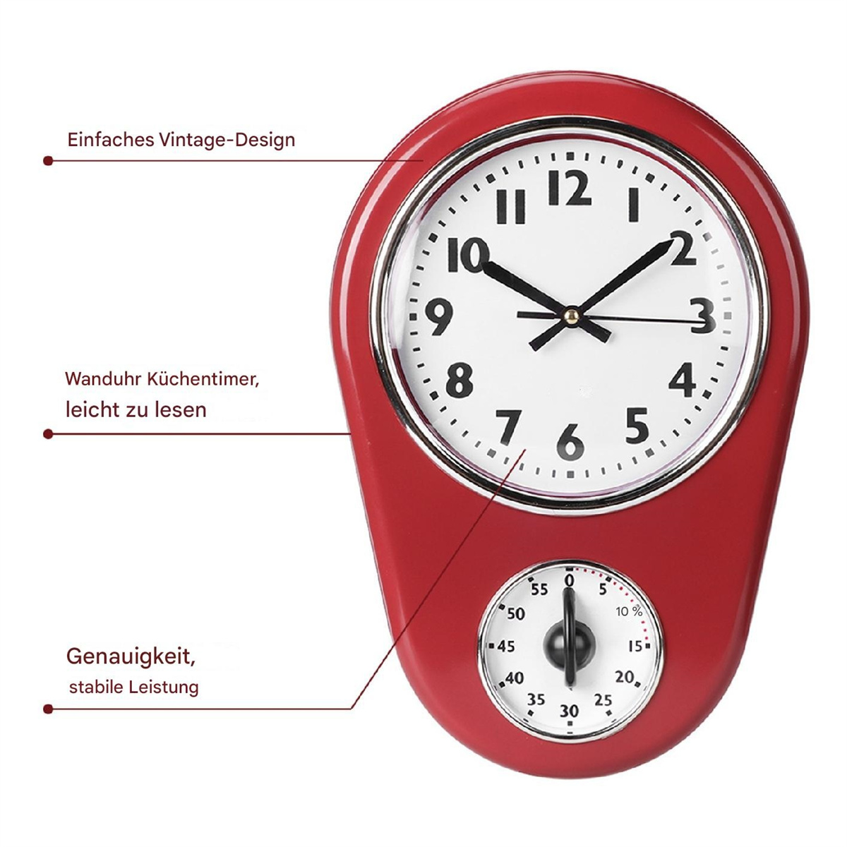 Rote Wanduhr im Retro-Stil mit weißem Zifferblatt. Sie hat einen Timer und ein zweites Zifferblatt. Text auf Deutsch.