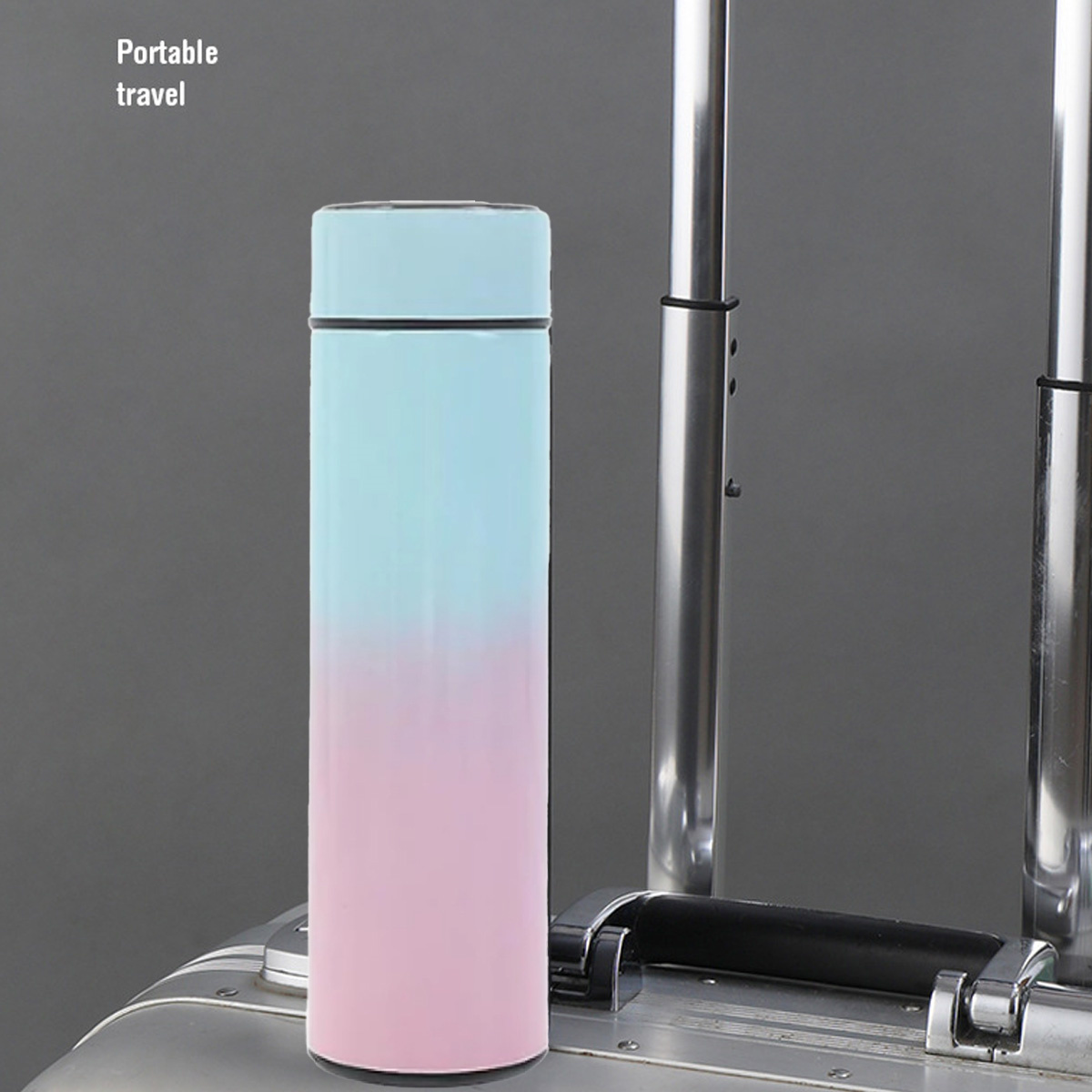 Eine blau-rosa isolierte Wasserflasche. Sie steht auf einem Koffer.