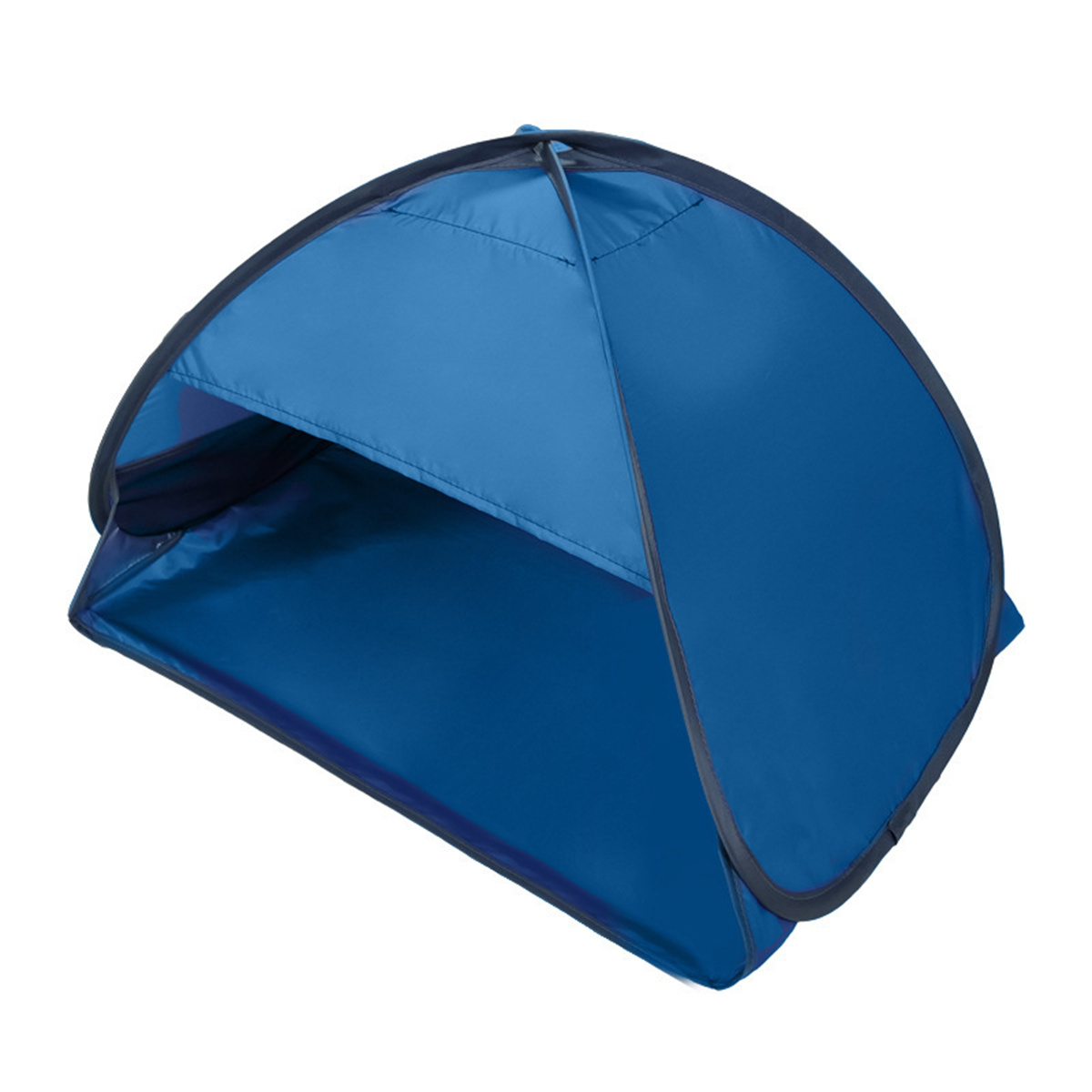 Blauer Pop-up-Sonnenschutz, offen. Dunkelblauer Besatz, hellblauer Innenraum.