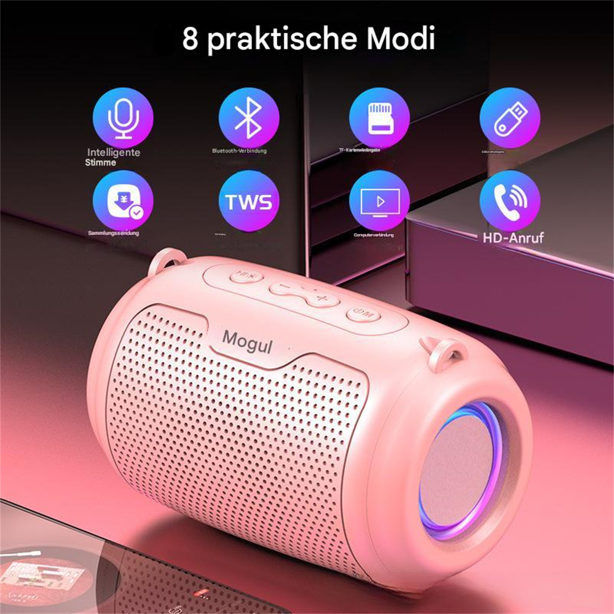 Rosa Lautsprecher mit mehreren Tasten. Zeigt Symbole für Funktionen wie Bluetooth und SD-Karte.
