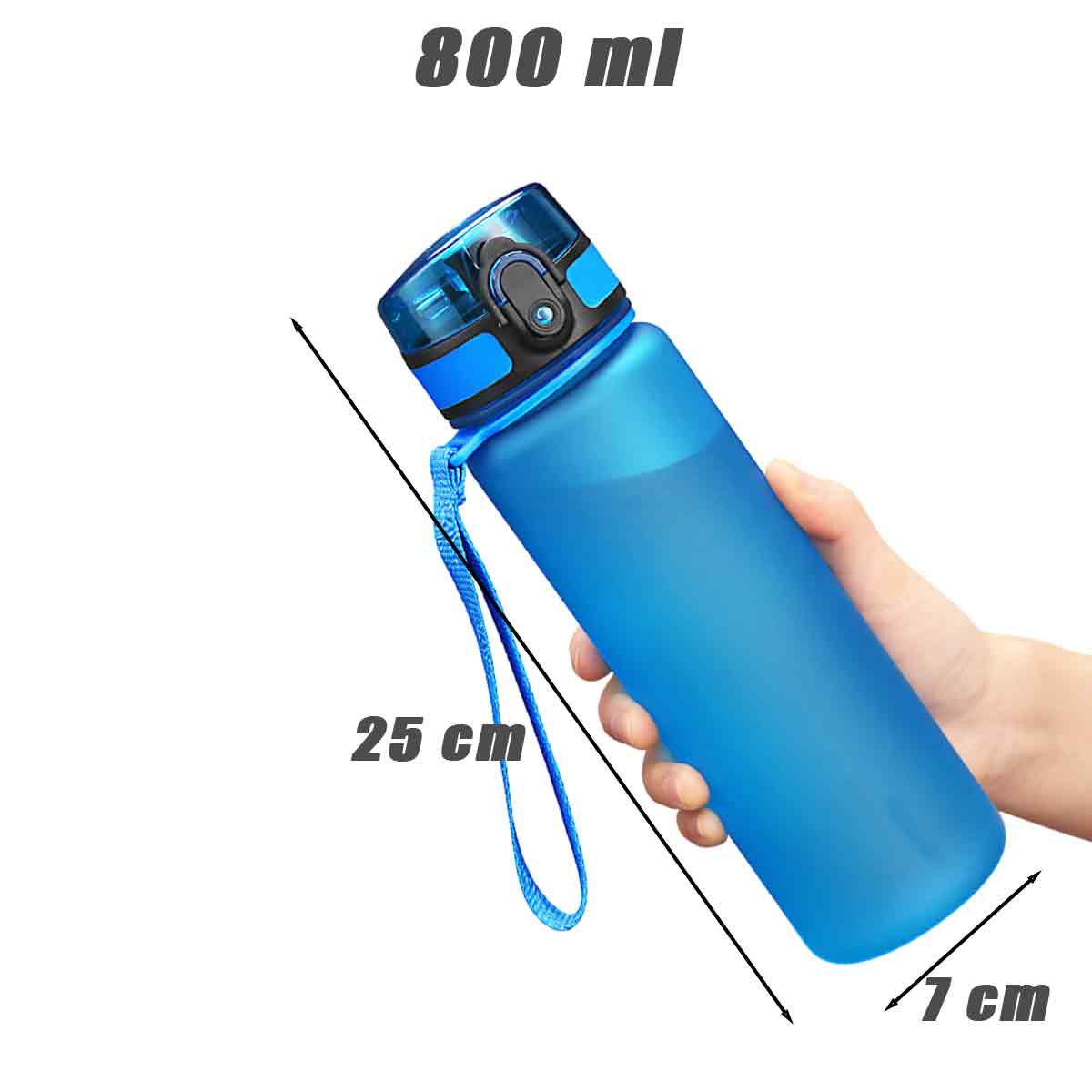 Blaue Wasserflasche mit schwarzem Deckel, blauem Riemen und mit Maßen beschriftet.