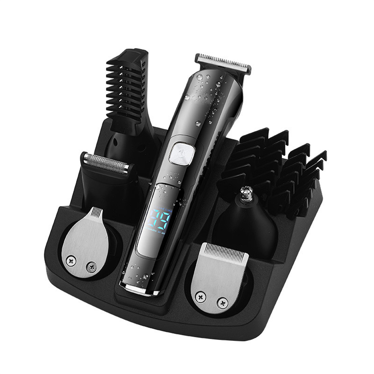 Schwarzes Pflege-Set mit verschiedenen Aufsätzen, einschließlich Trimmer und Kämme, in einem Halter.