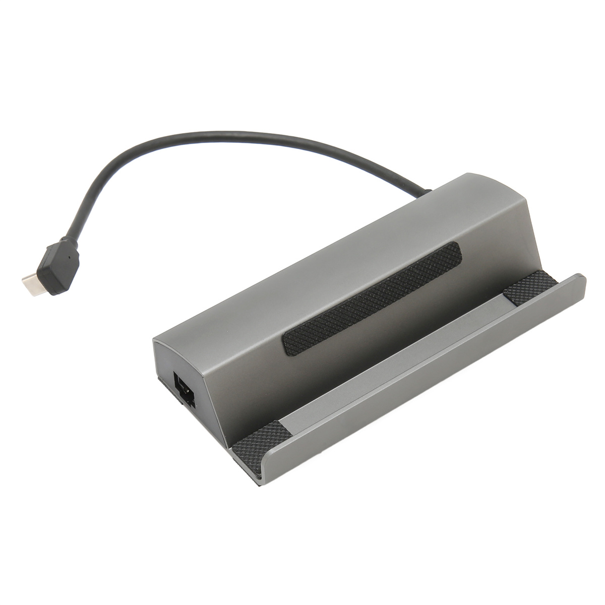 Graues Gerät mit USB-C-Kabel und Steckplatz. Wahrscheinlich eine Dockingstation.