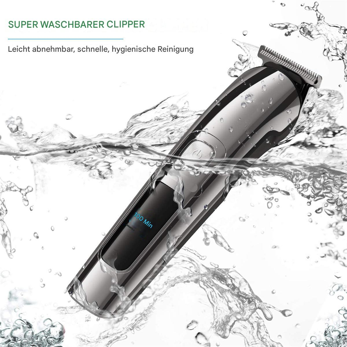 Elektrischer Rasierer im Wasser. Silber und Schwarz, mit Wasserspritzer. Text: Super Waschbarer Clipper.