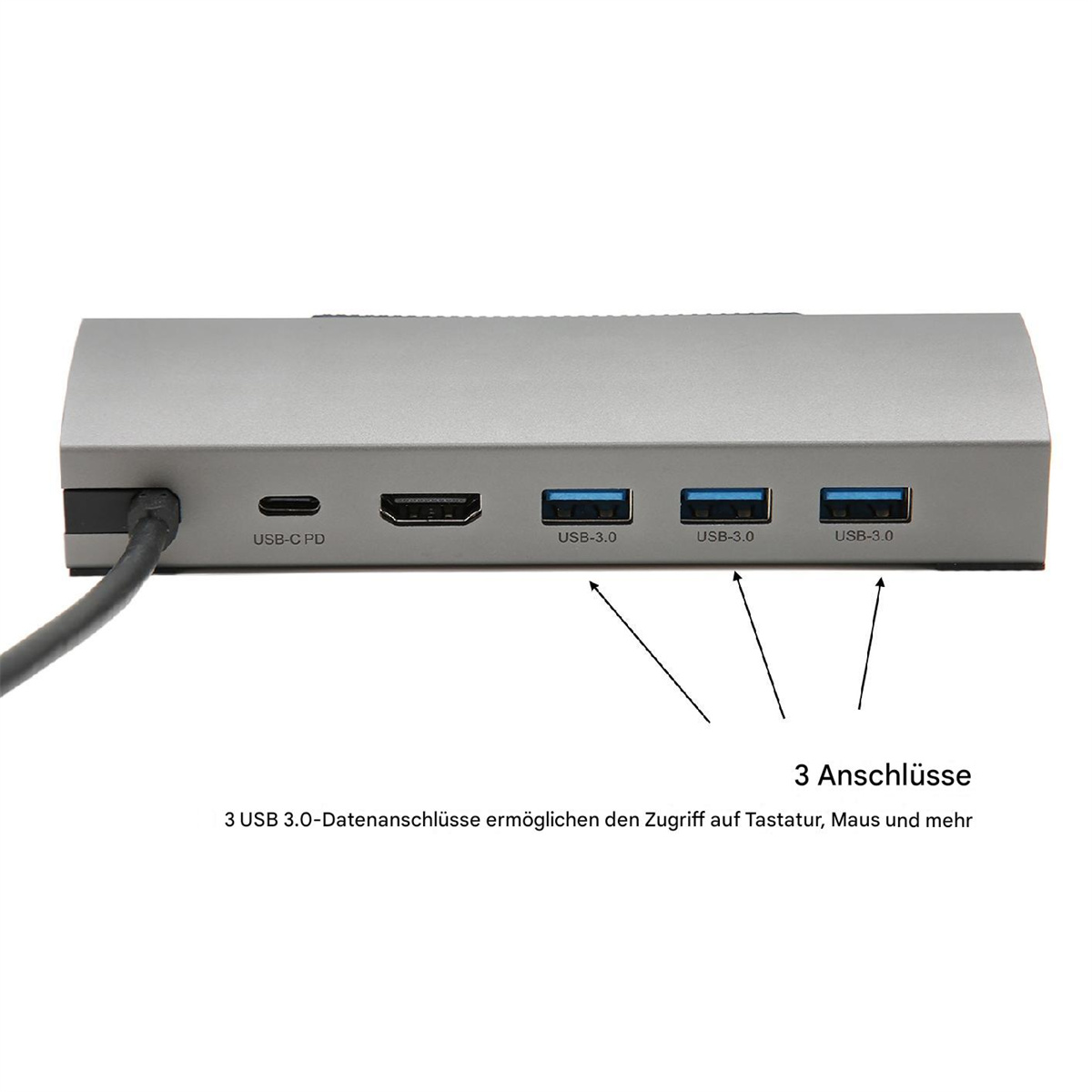 Ein silberner Hub mit USB-Anschlüssen. Beschriftet mit USB-C PD, HDMI und 3 USB 3.0-Anschlüssen.