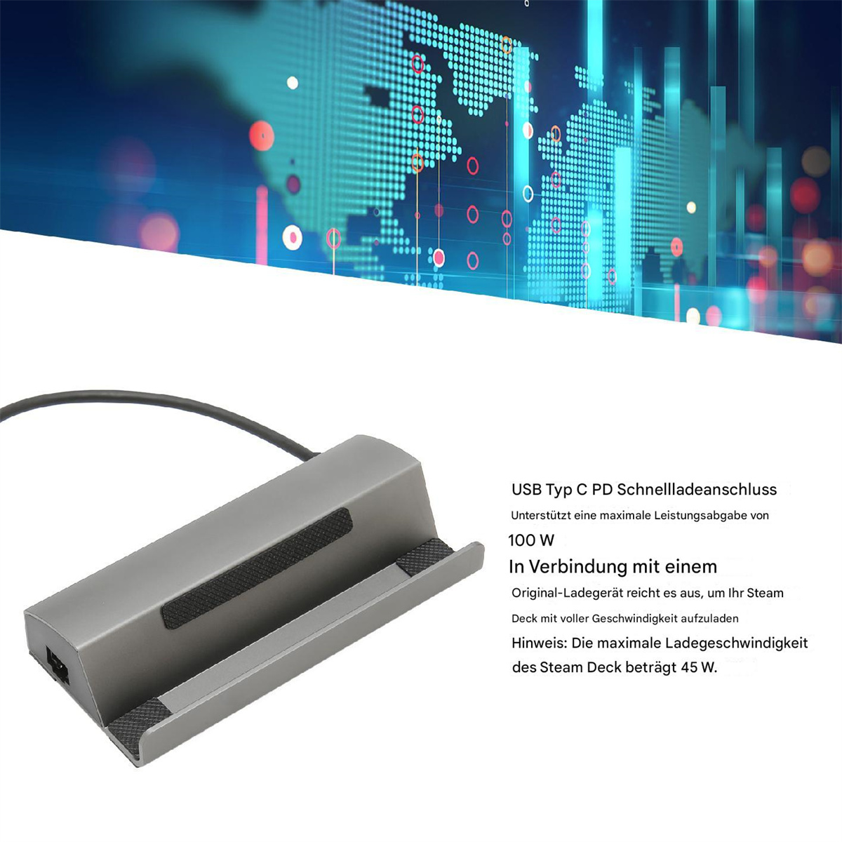 Ein silbernes USB Typ C PD Ladestation mit Ladekabel.