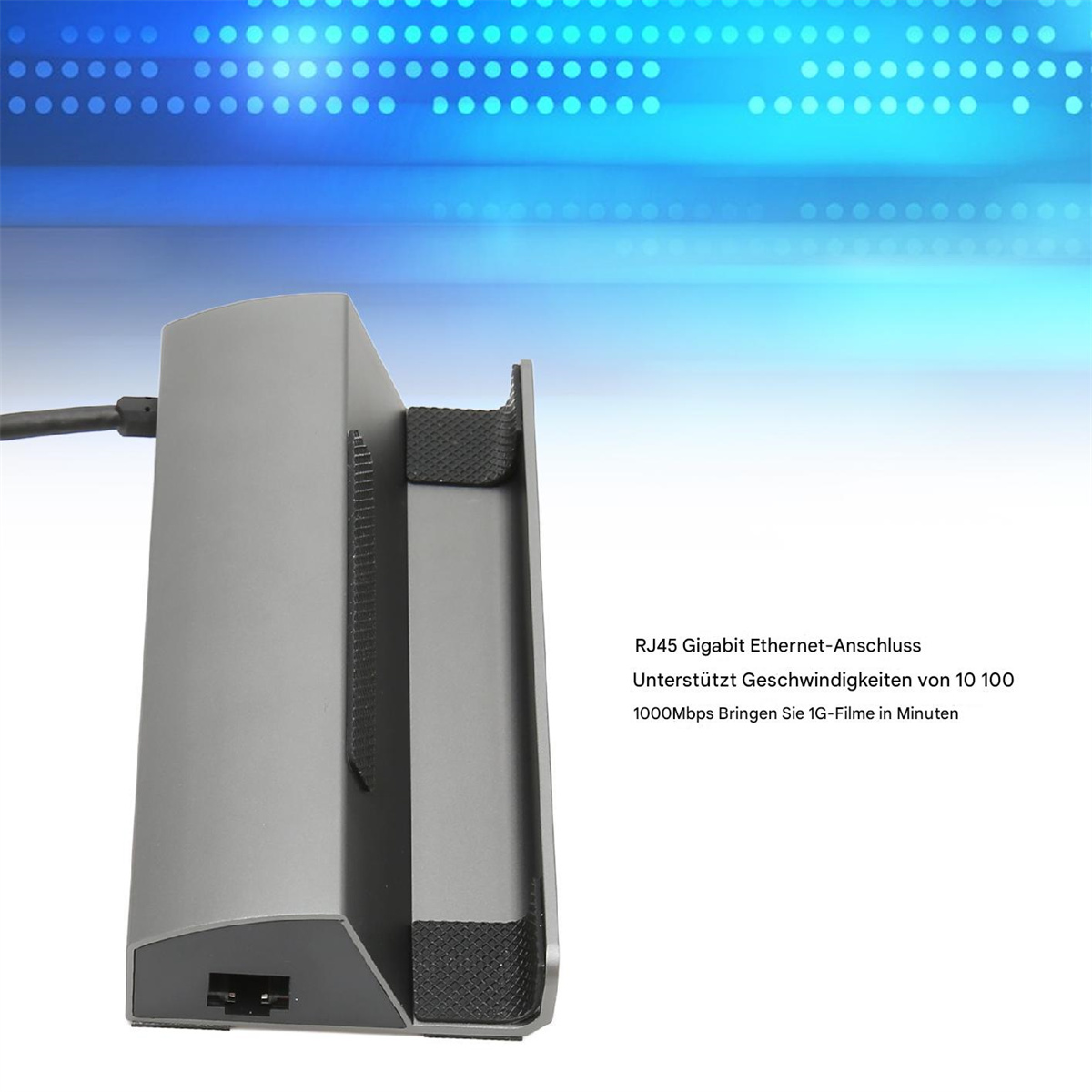 Grauer Ethernet-Adapter mit RJ45-Anschluss, unterstützt 10/100/1000Mbit/s Geschwindigkeiten. Text auf Deutsch.
