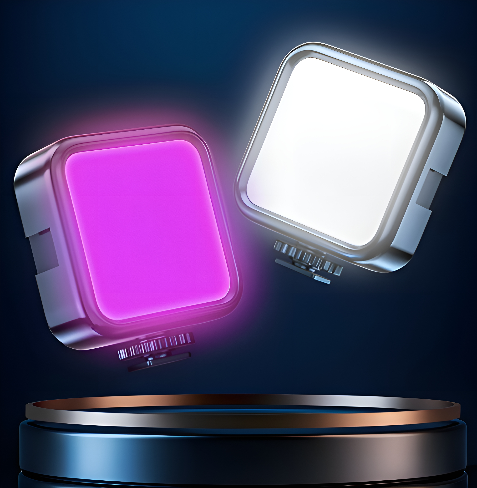 Zwei quadratische Lichter, eines pink und eines weiß, sitzen auf einer dunkelblauen Plattform. Der Hintergrund ist verschwommen.