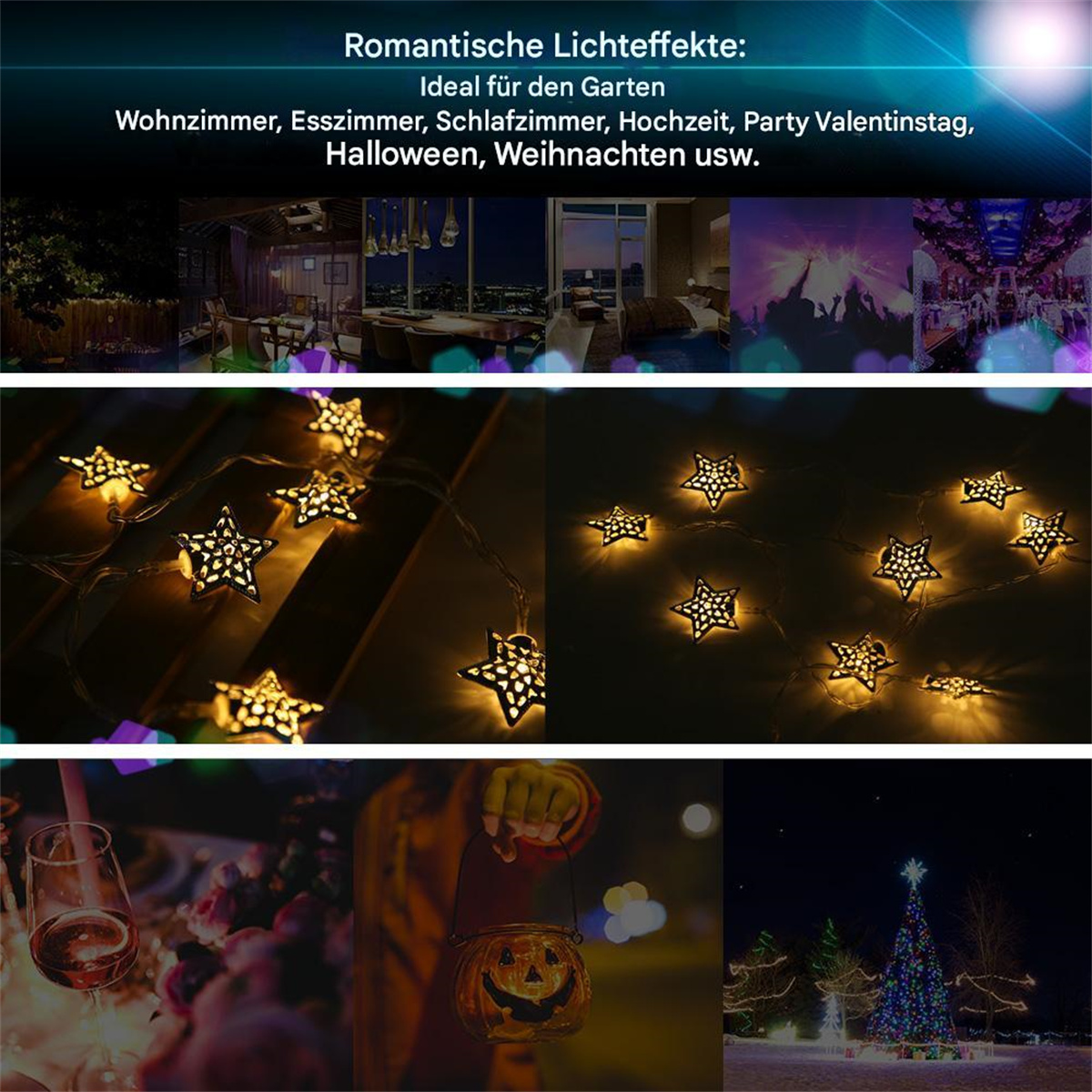 Bilder von Lichterketten in verschiedenen Umgebungen, darunter Sterne und ein Weihnachtsbaum. Dunkel und festlich.