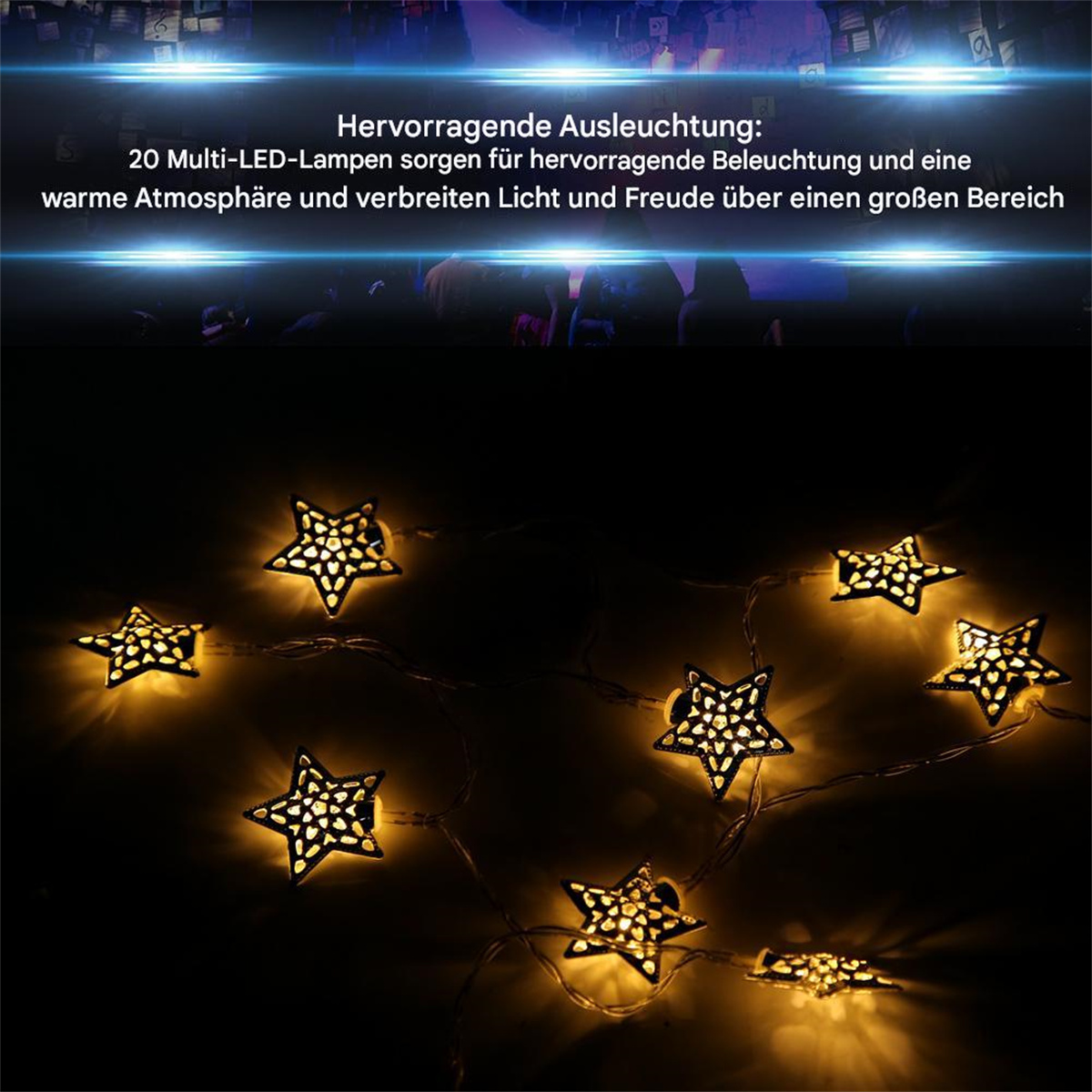 Lichterkette mit sternförmigen Lichtern auf dunklem Hintergrund. Warmes Leuchten.