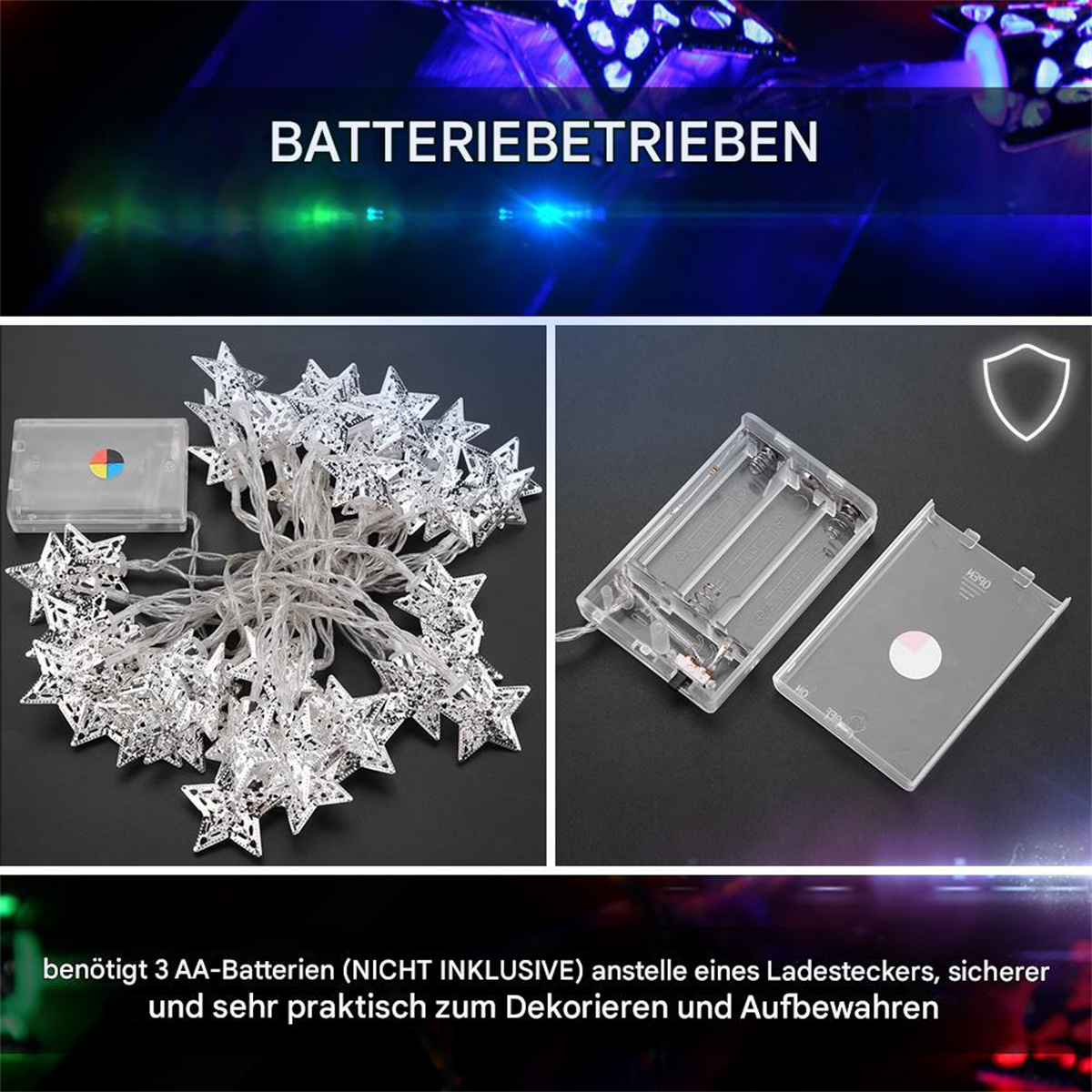 Lichterkette mit Sternen. Batteriepack und transparentes Fach. Text: batteriebetrieben.