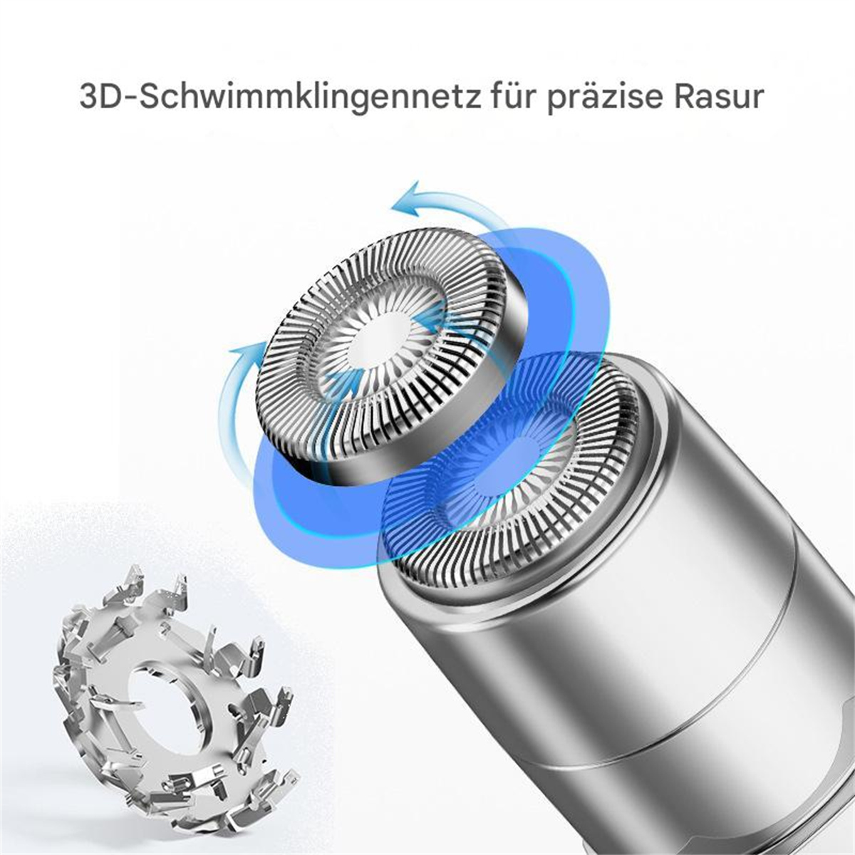 Nahaufnahme eines silbernen Elektrorasierers mit rotierenden Köpfen. Der Rasierer befindet sich auf hellblauem Hintergrund.