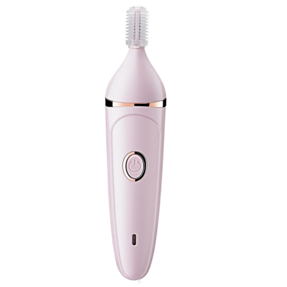 Ein rosa elektrischer Augenbrauentrimmer mit Ein-/Ausschalter. Die Spitze hat eine kleine Klinge.