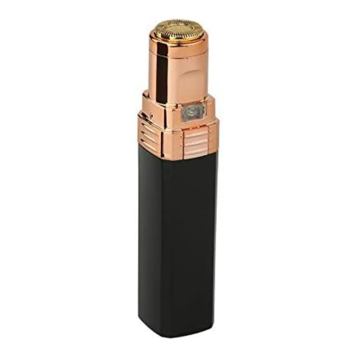 Ein schwarzer und roségoldener Elektrorasierer steht senkrecht auf weißem Hintergrund. Der Rasierer hat einen goldenen Kopf.