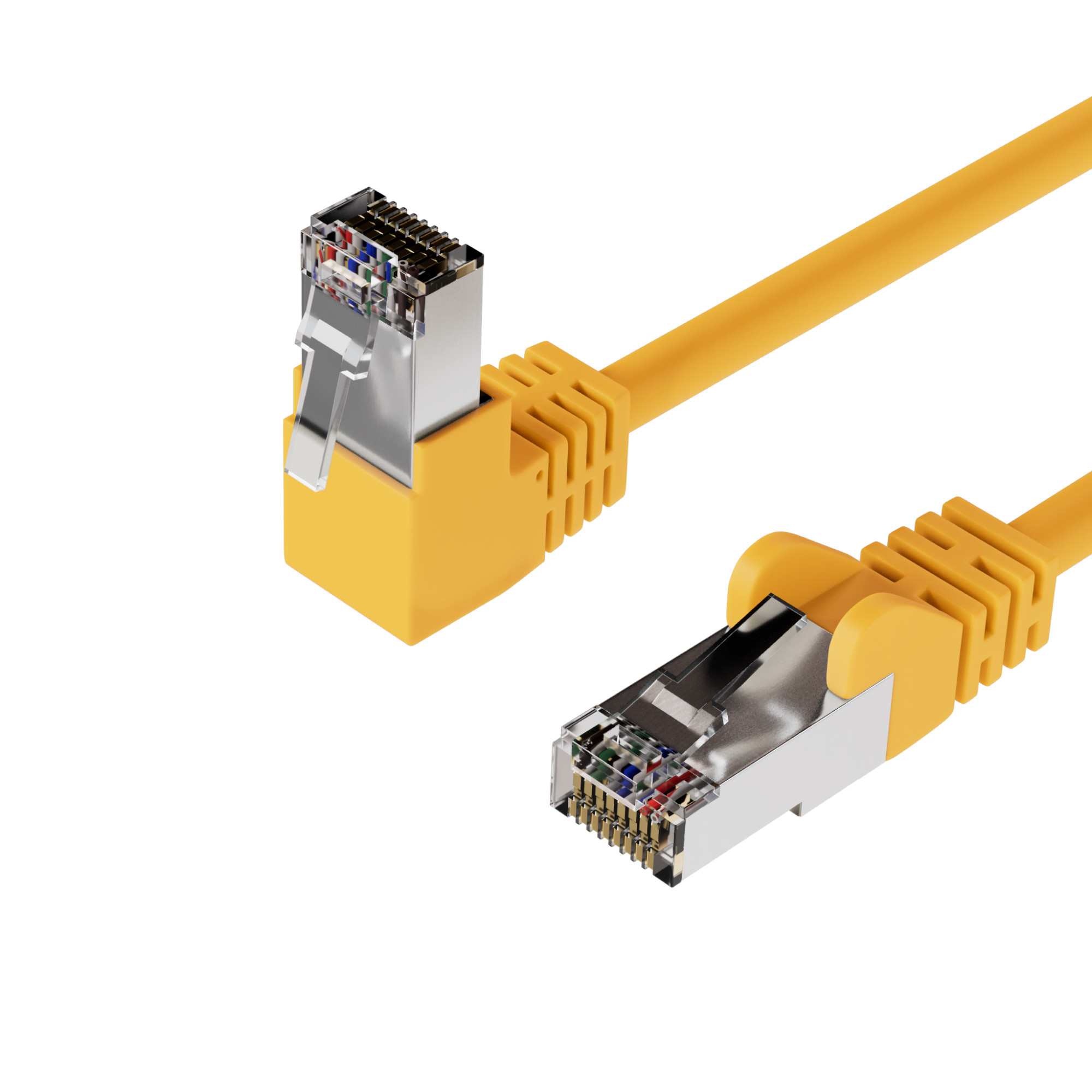 Zwei gelbe Ethernet-Kabel mit RJ45-Steckern, abgewinkelt und gerade. Weißer Hintergrund.