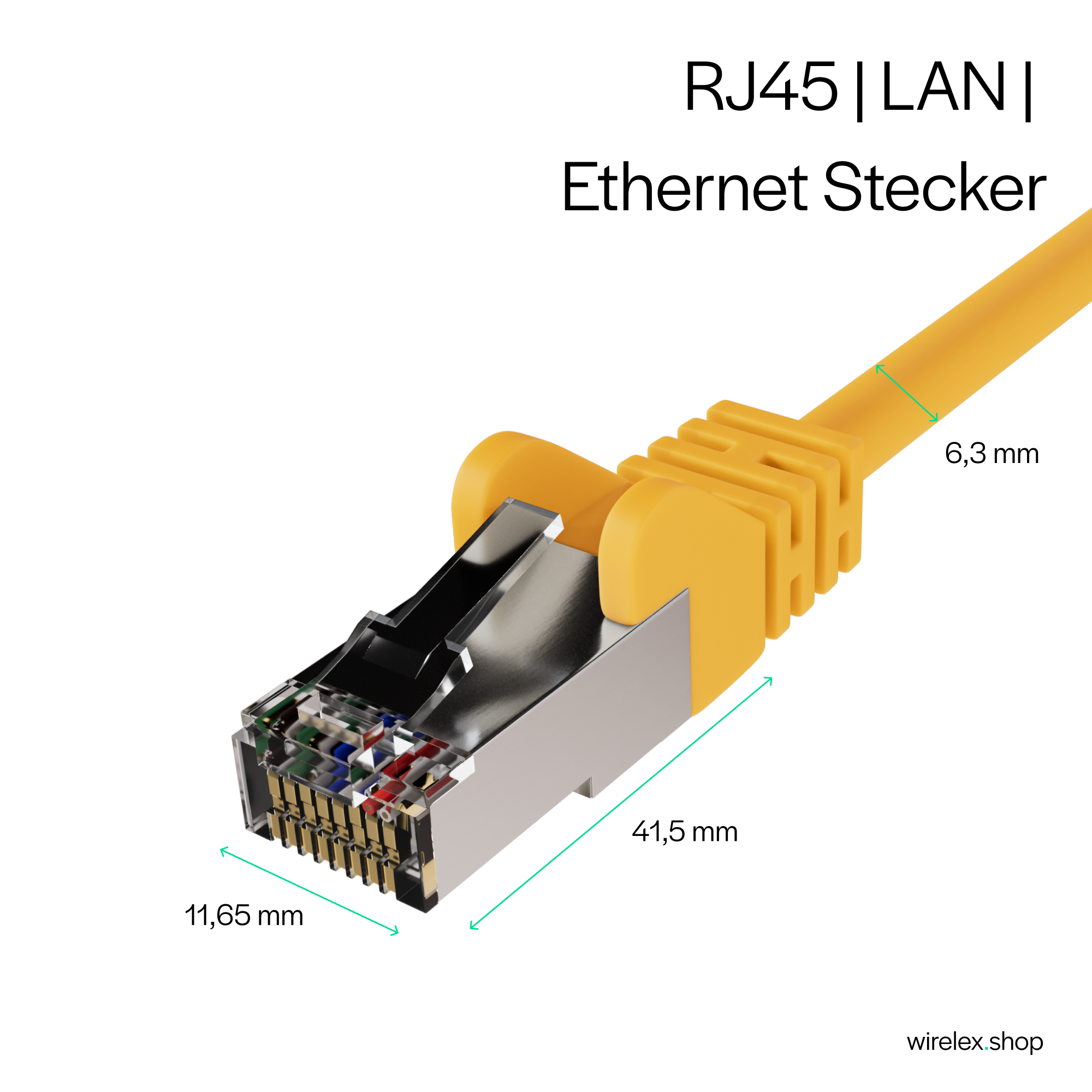 Gelber RJ45-Ethernet-Stecker mit Maßen. Der Stecker befindet sich auf weißem Hintergrund.