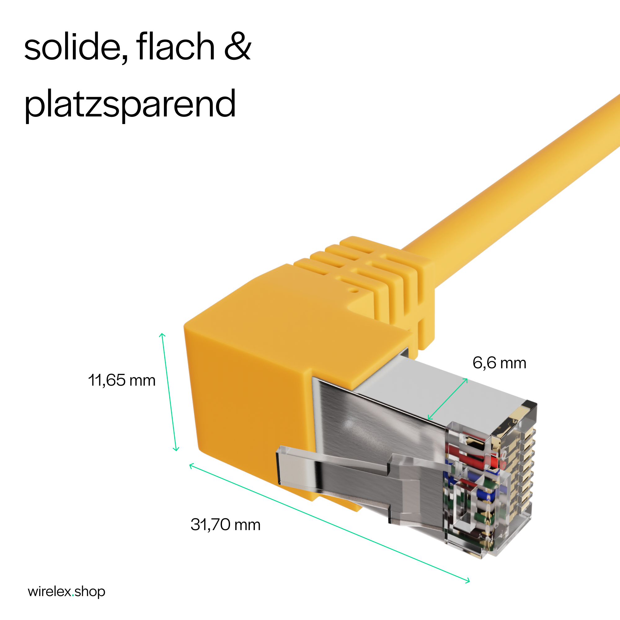 Gelber Ethernet-Kabelanschluss. Messungen werden angezeigt. Text sagt 'solide, flach & platzsparend'.