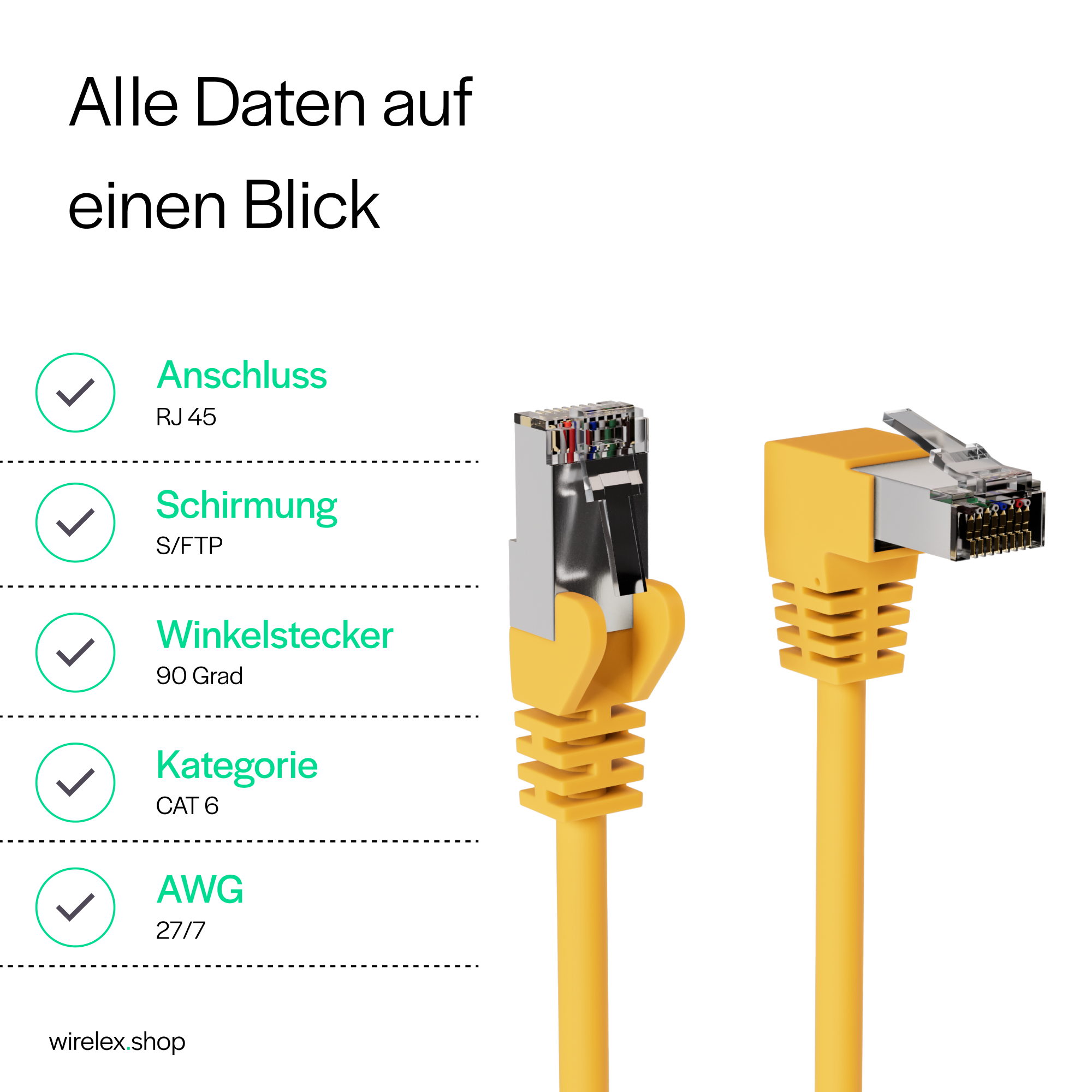 Ein gelbes Ethernet-Kabel mit Informationen zu seinen Eigenschaften, einschließlich RJ45, S/FTP und CAT 6.