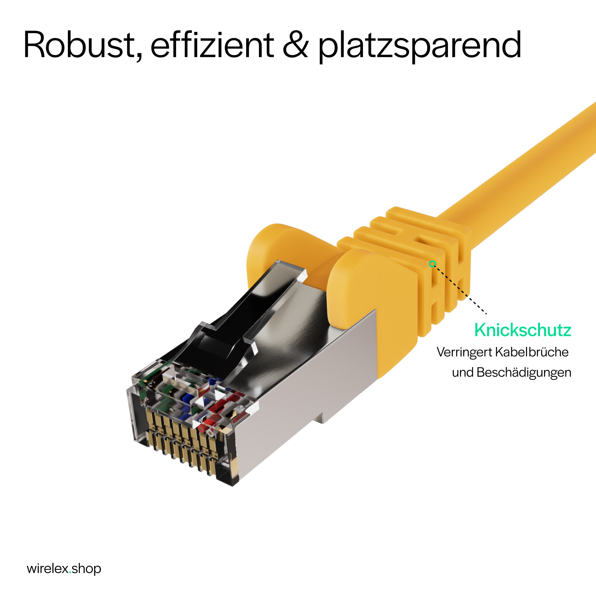 Gelber Netzwerkanschluss mit grauem Metallkopf und gelbem Kabel.