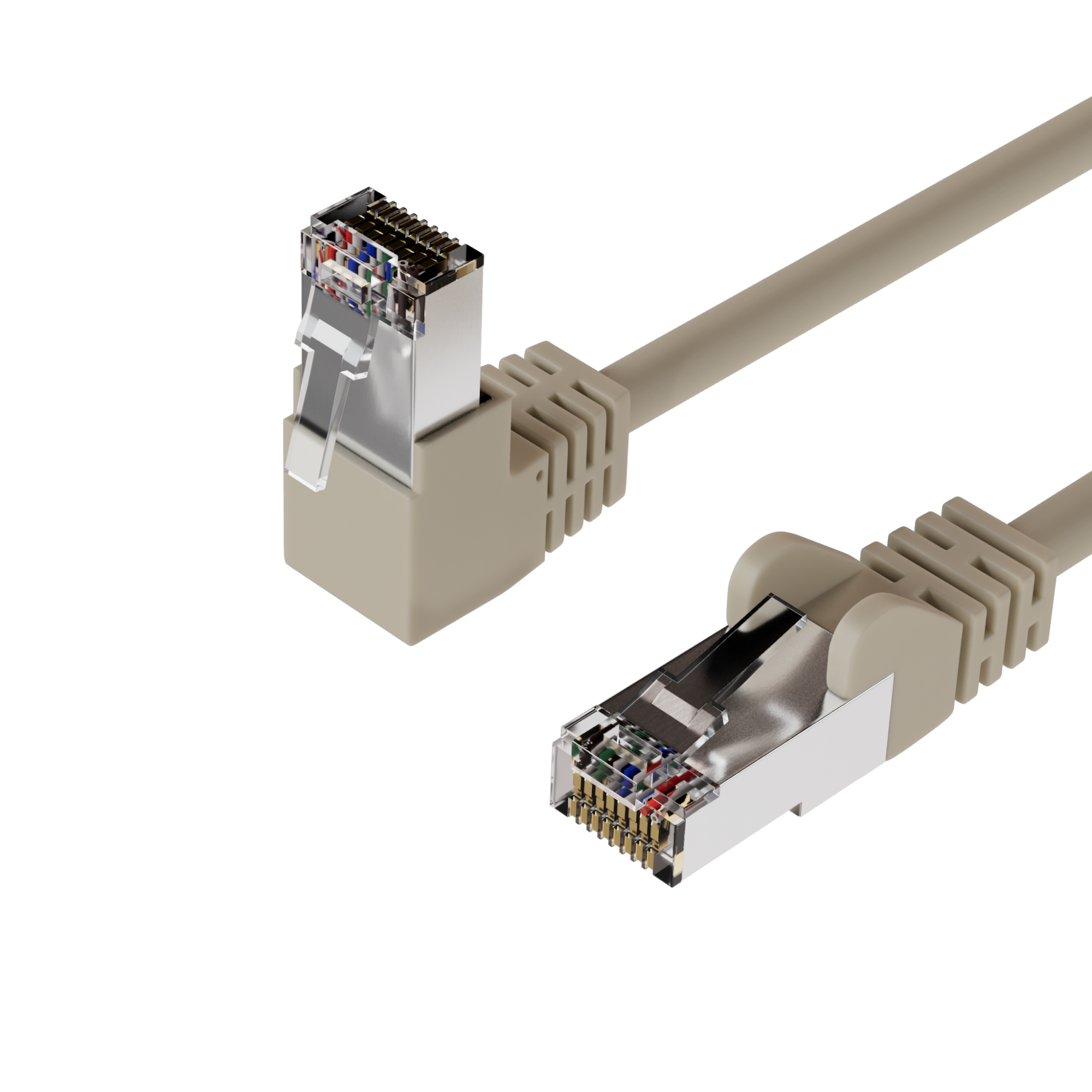Zwei graue Netzwerkkabel mit Steckern. Hintergrund: weiß.