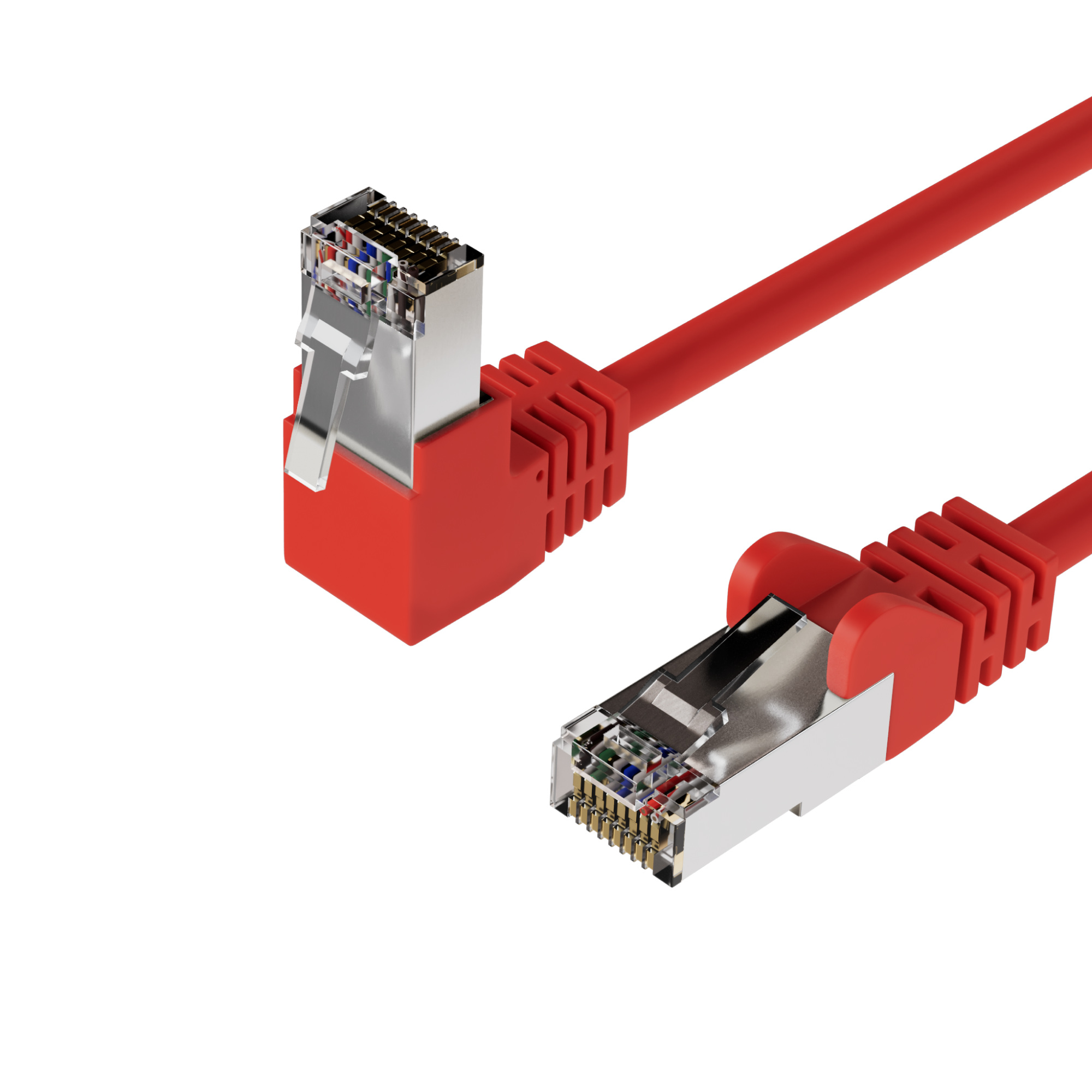 Zwei rote Netzwerkkabel mit Steckern, abgewinkelt und gerade.