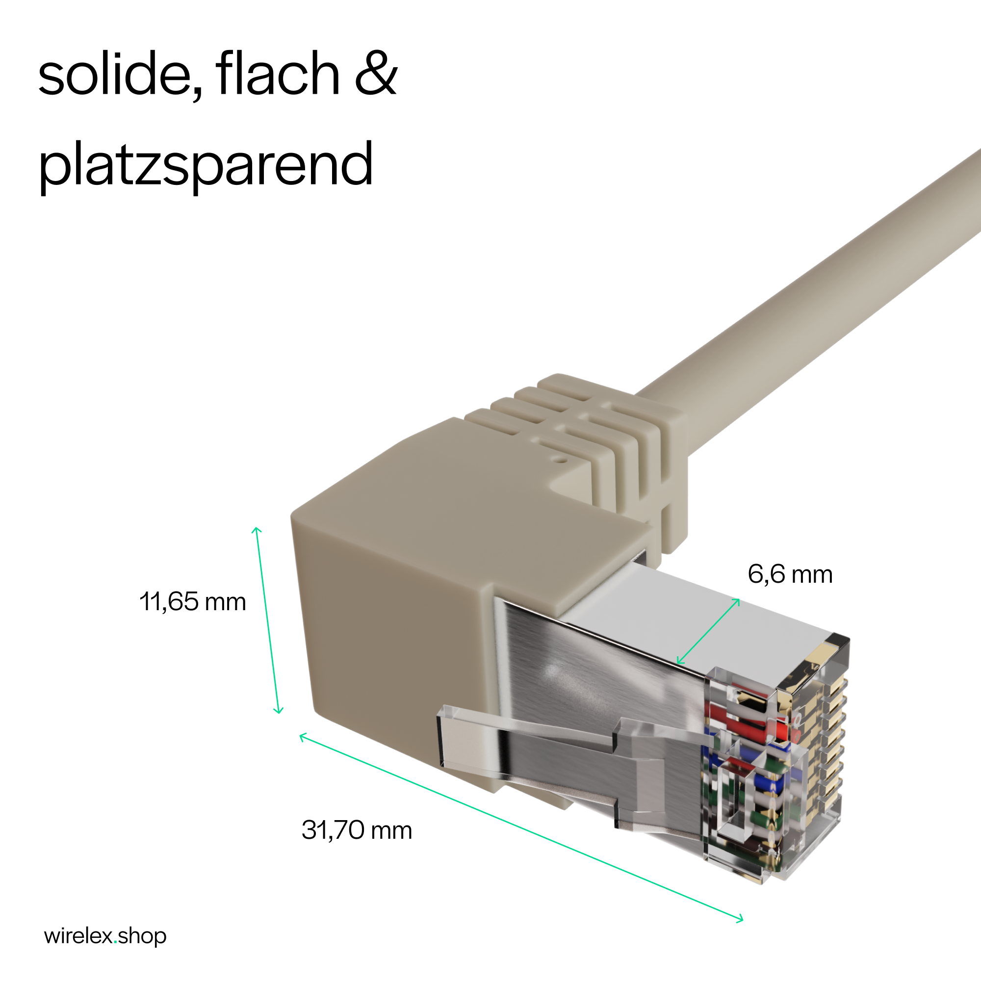 Nahaufnahme eines Netzwerkkabelsteckers. Zeigt Abmessungen und Details der Innenverdrahtung.