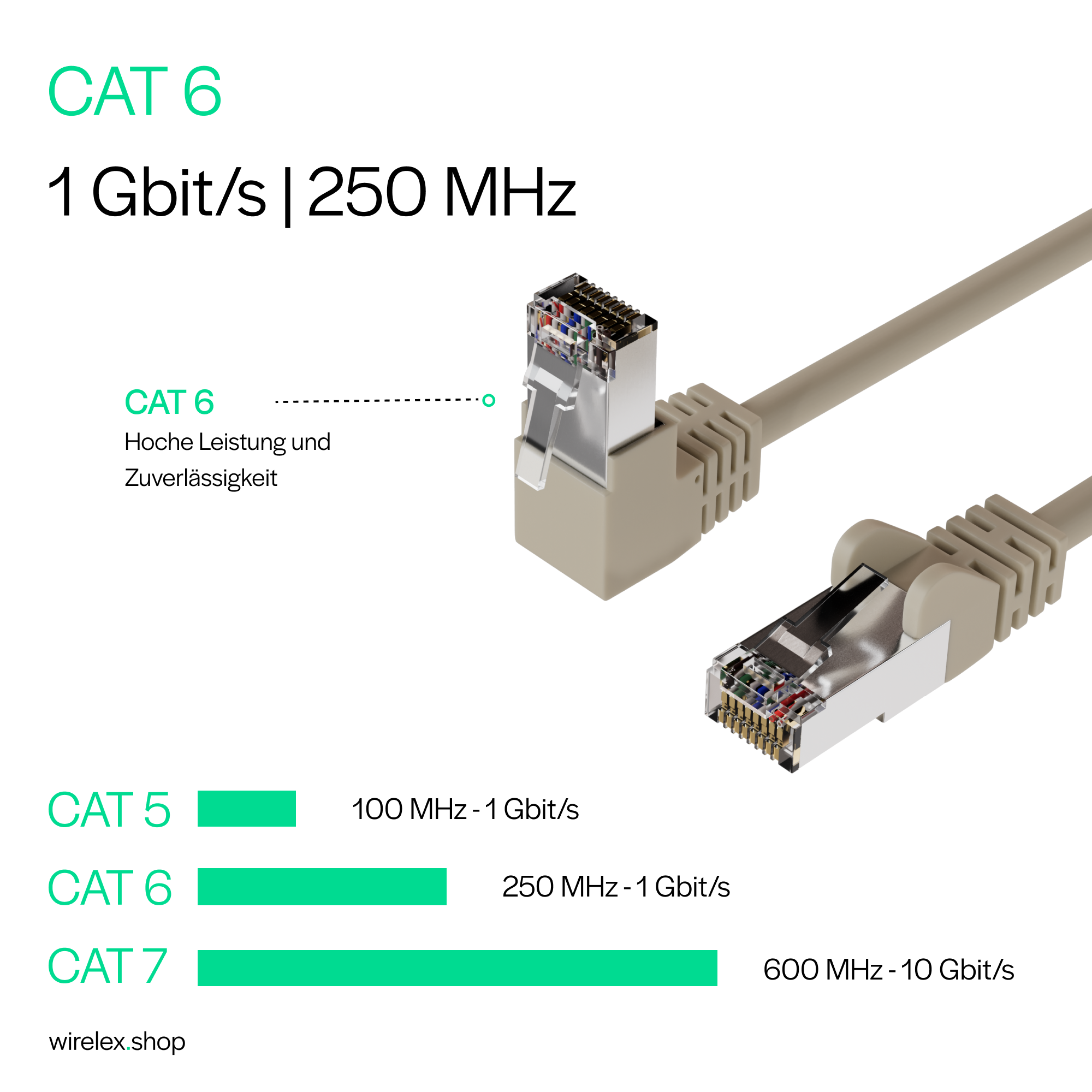 Nahaufnahme von zwei CAT 6 Netzwerkkabeln. Text zeigt 1 Gbit/s | 250 MHz, CAT 5, 6 und 7.