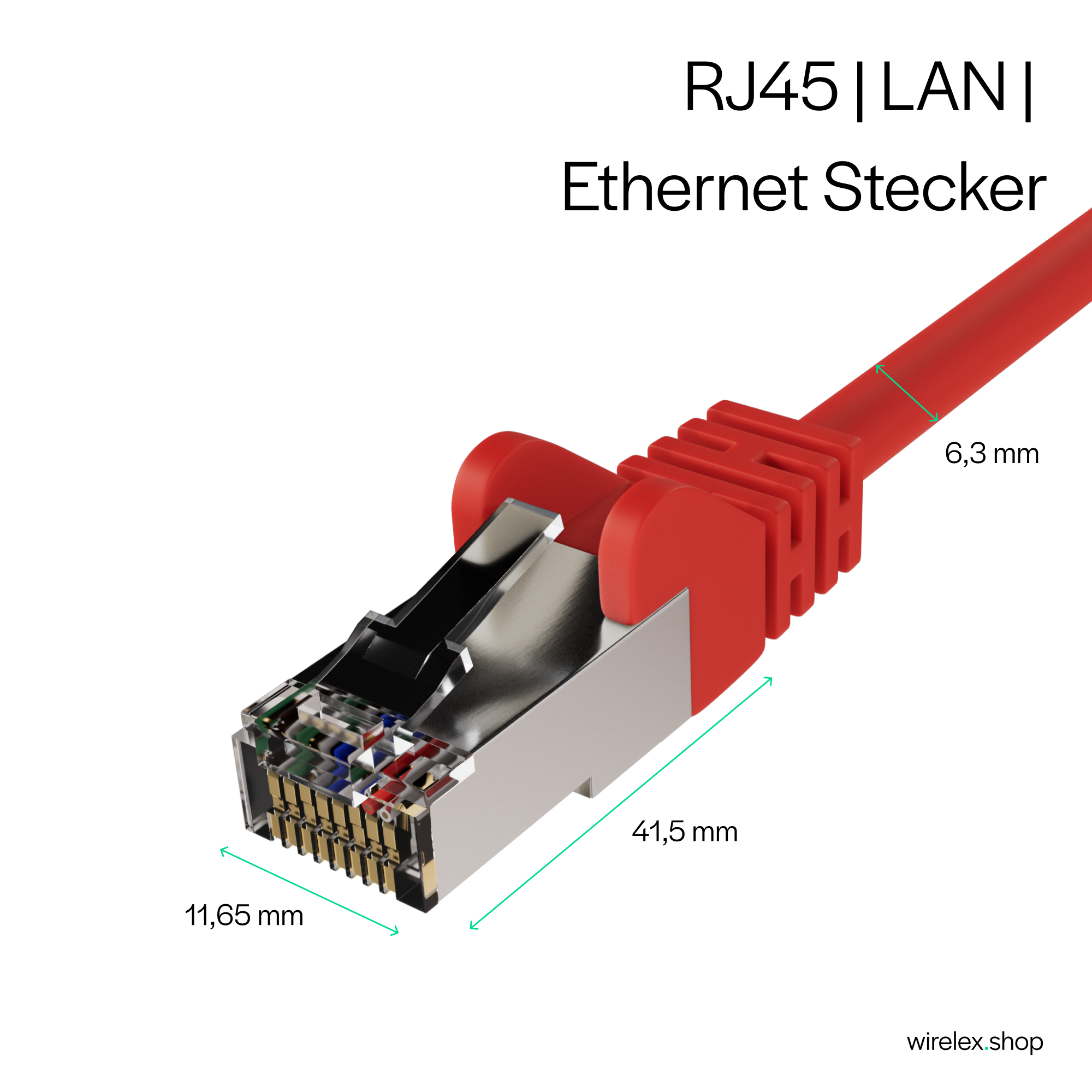 Roter RJ45-Ethernet-Stecker mit Abmessungen. Silberner Stecker mit farbigen Drähten.