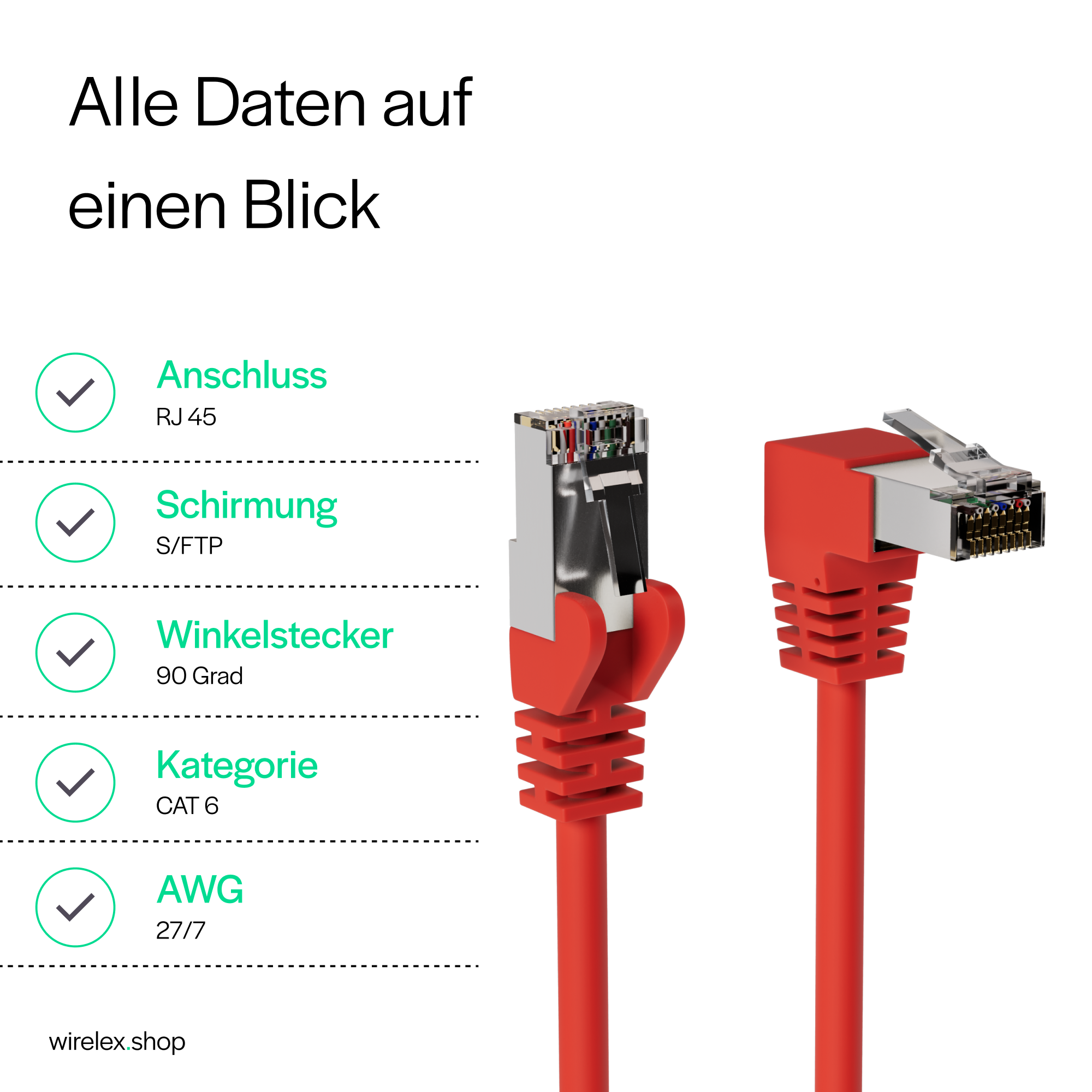 Rotes Netzwerkkabel mit RJ45-Stecker. Zeigt Anschluss, Abschirmung, Winkelstecker, Kategorie und AWG. Häkchen vorhanden.