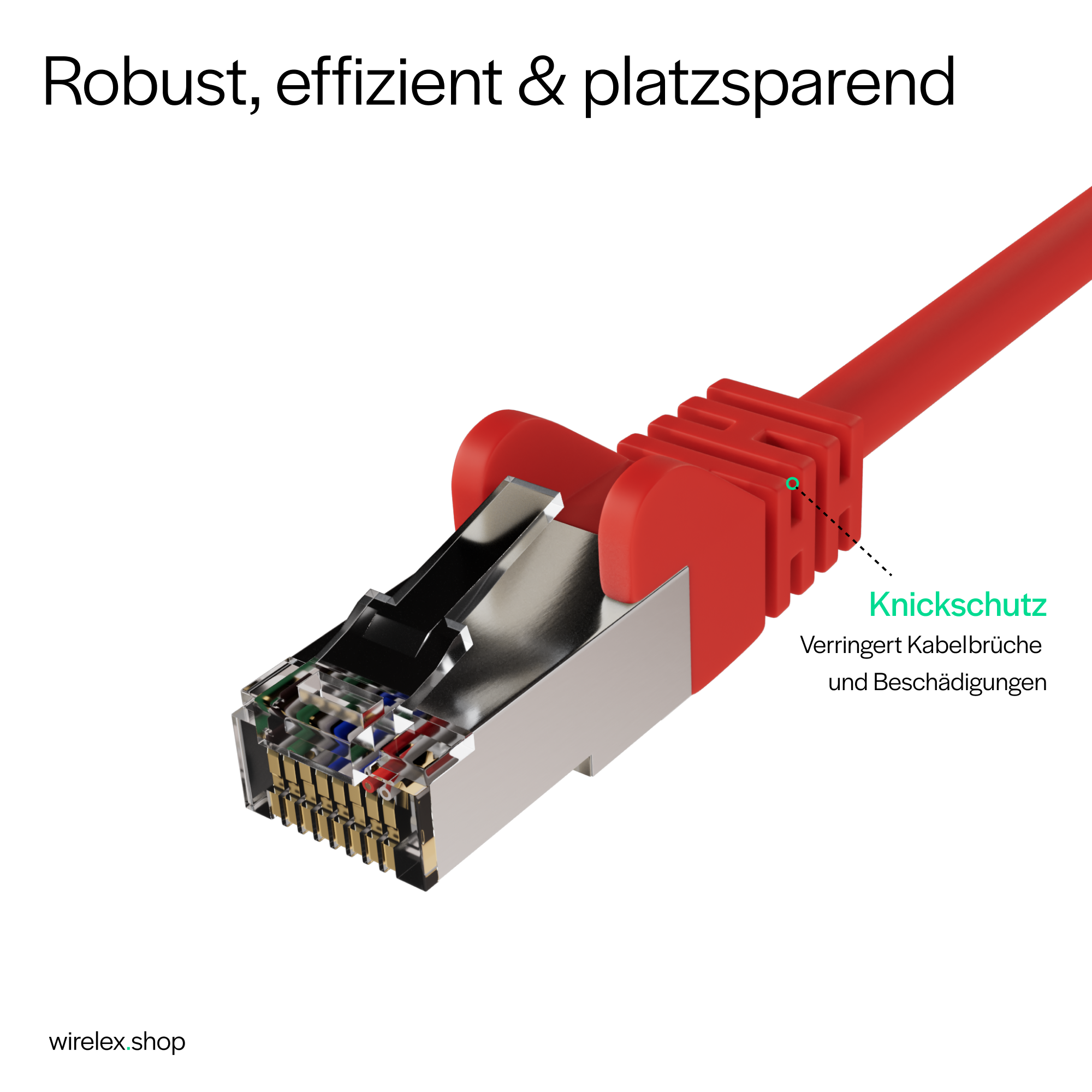 Rotes Ethernet-Kabel mit rotem Stecker. Der Stecker hat Metallabschirmung und Goldstifte.