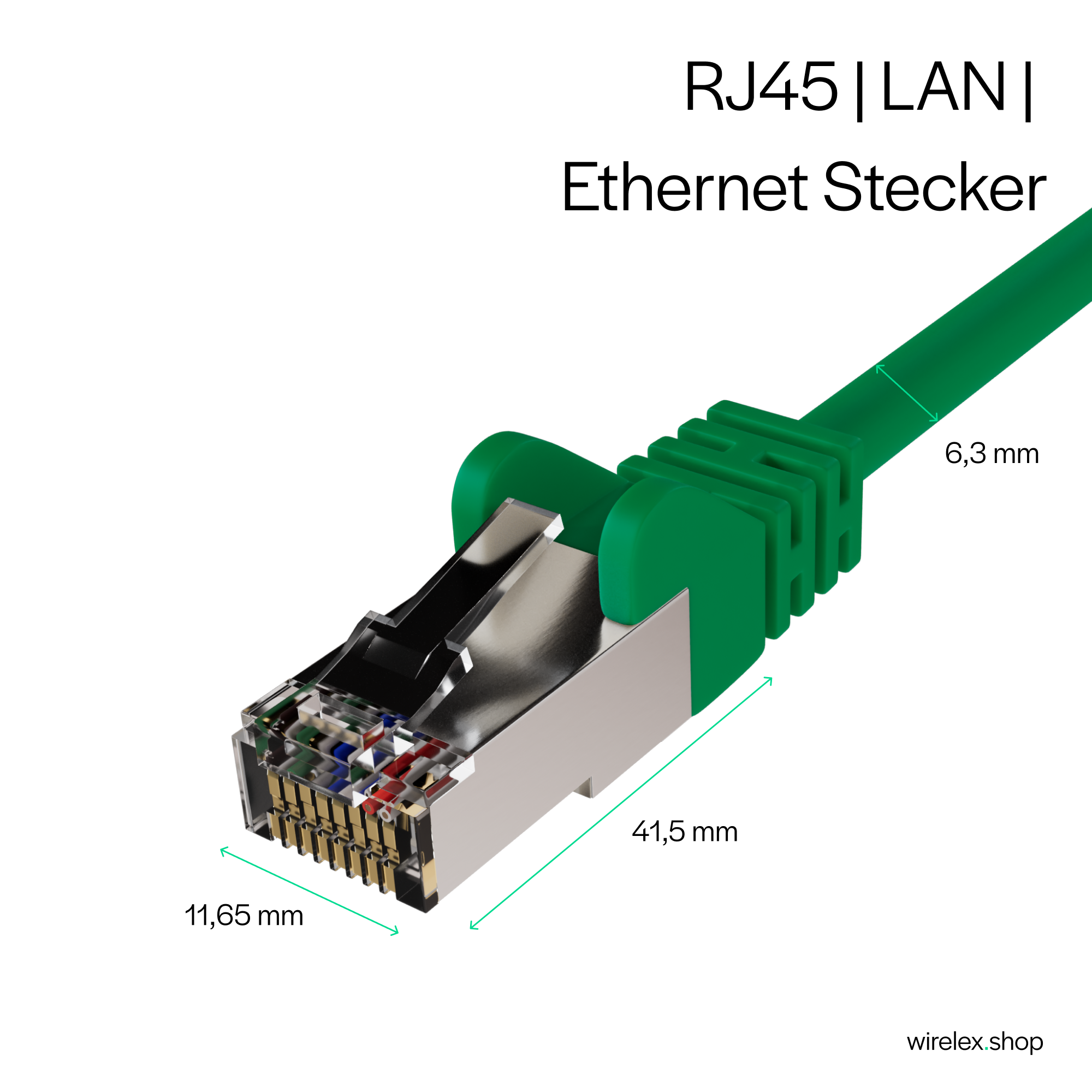Ein grünes Ethernet-Kabel mit RJ45-Anschlüssen, mit Abmessungen.