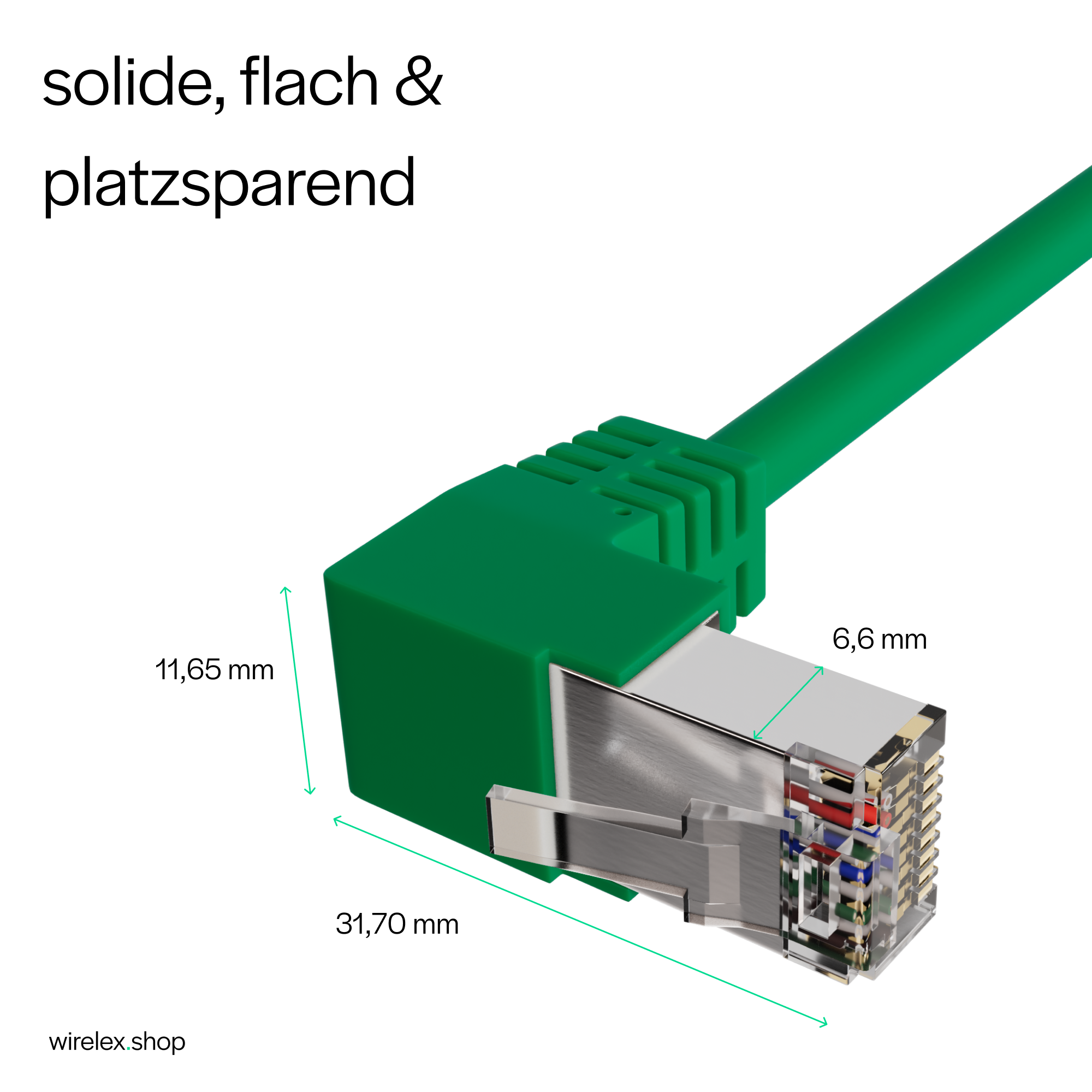 Eine Nahaufnahme zeigt ein grünes Ethernet-Kabel mit Maßen, Text und weißem Hintergrund.