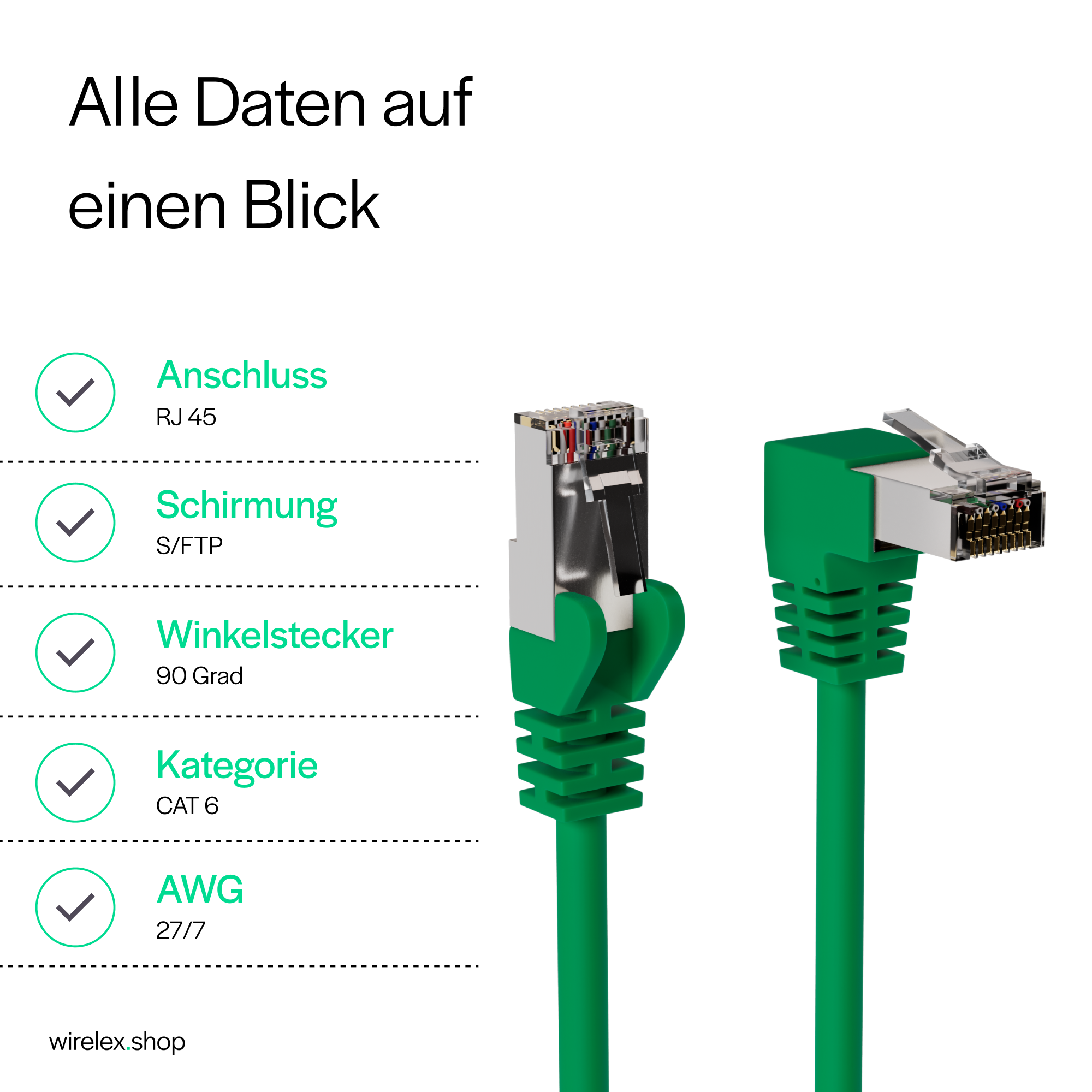 Grüne Netzwerkkabelstecker mit Etiketten, die Verbindungstyp, Abschirmung und Kategorie-Details anzeigen.